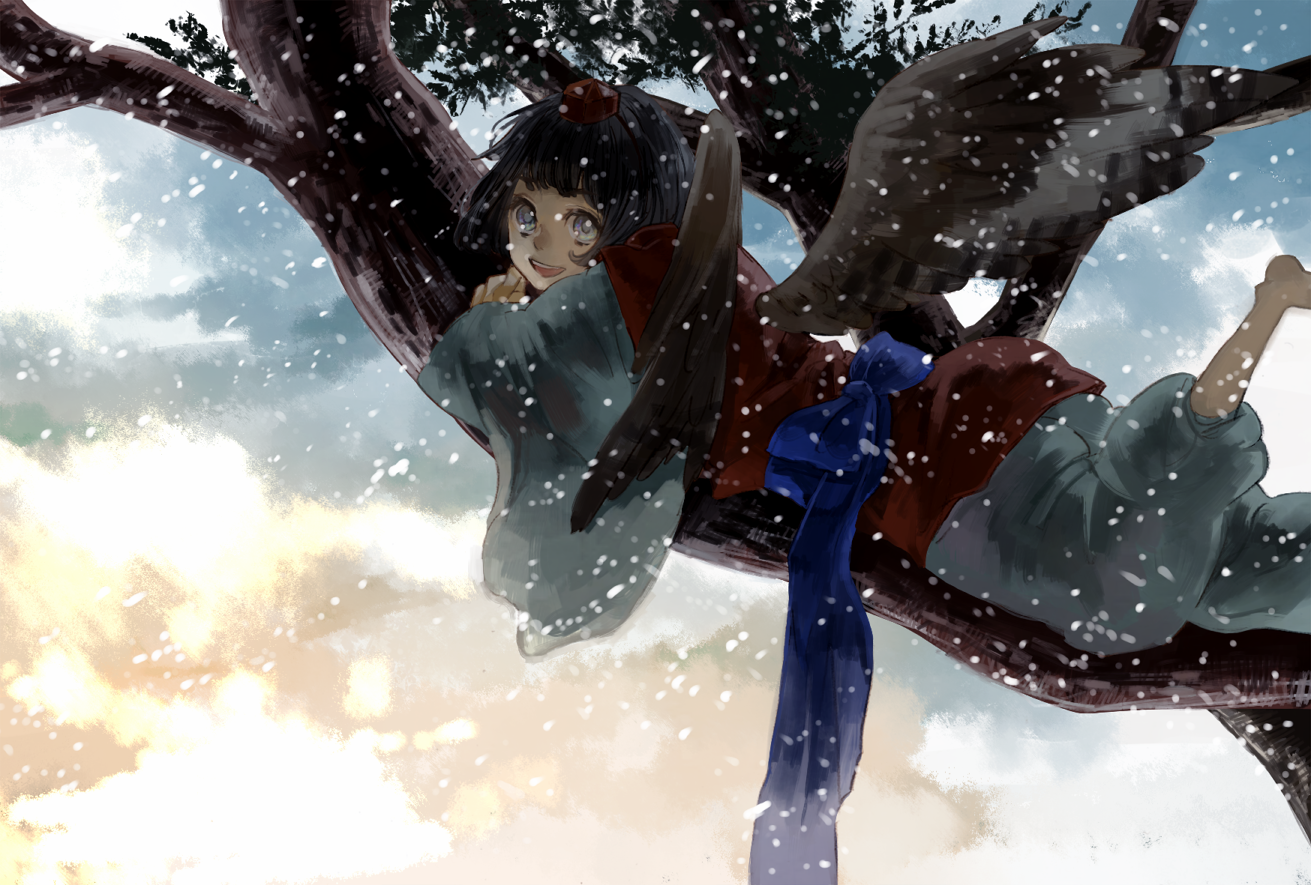 kyouichi, original, 1girl, :d, female focus, grey eyes, hat, in tree, lying, on stomach, open mouth, ribbon, smile, snowing, solo, tengu, tokin hat, tree, wings
