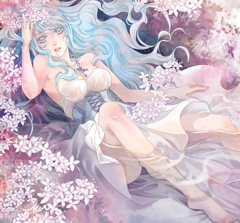kai (artist), kai (linking), bad id, bad pixiv id, 1girl, barefoot, blue hair, breasts, dress, female focus, flower, large breasts, see-through clothes, solo, strapless, strapless dress, water, wet