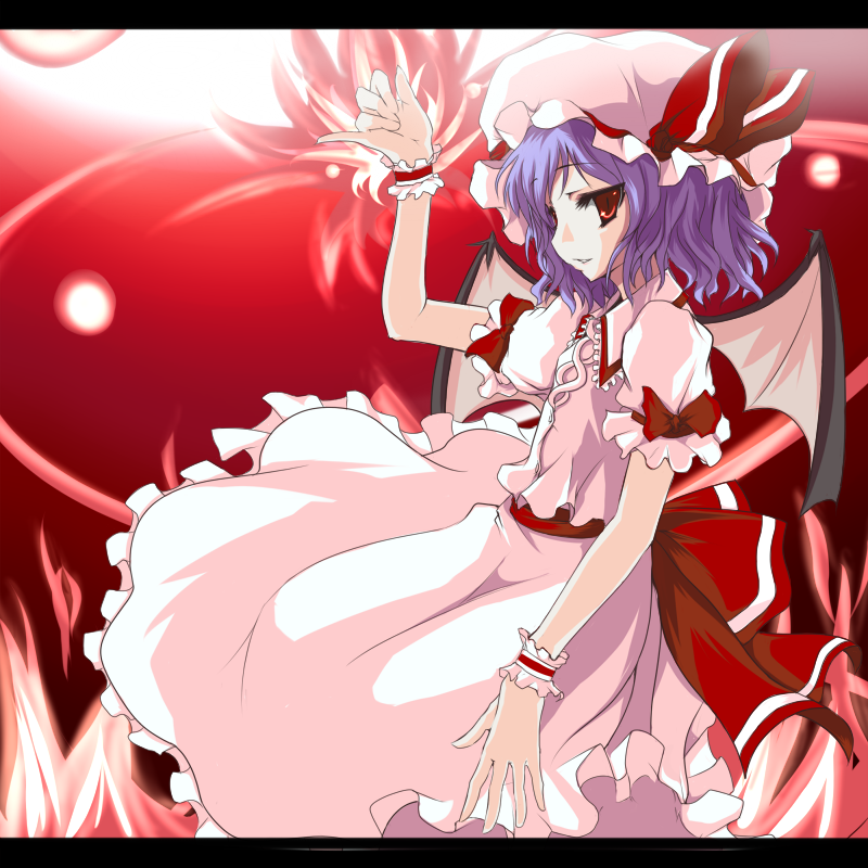 kuronekogata, remilia scarlet, touhou, light purple hair, 1girl, bat wings, blush, dress, female focus, fire, hat, letterboxed, looking at viewer, pink dress, profile, puffy short sleeves, puffy sleeves, purple hair, red eyes, ribbon, short hair, short sleeves, solo, wings, wrist cuffs