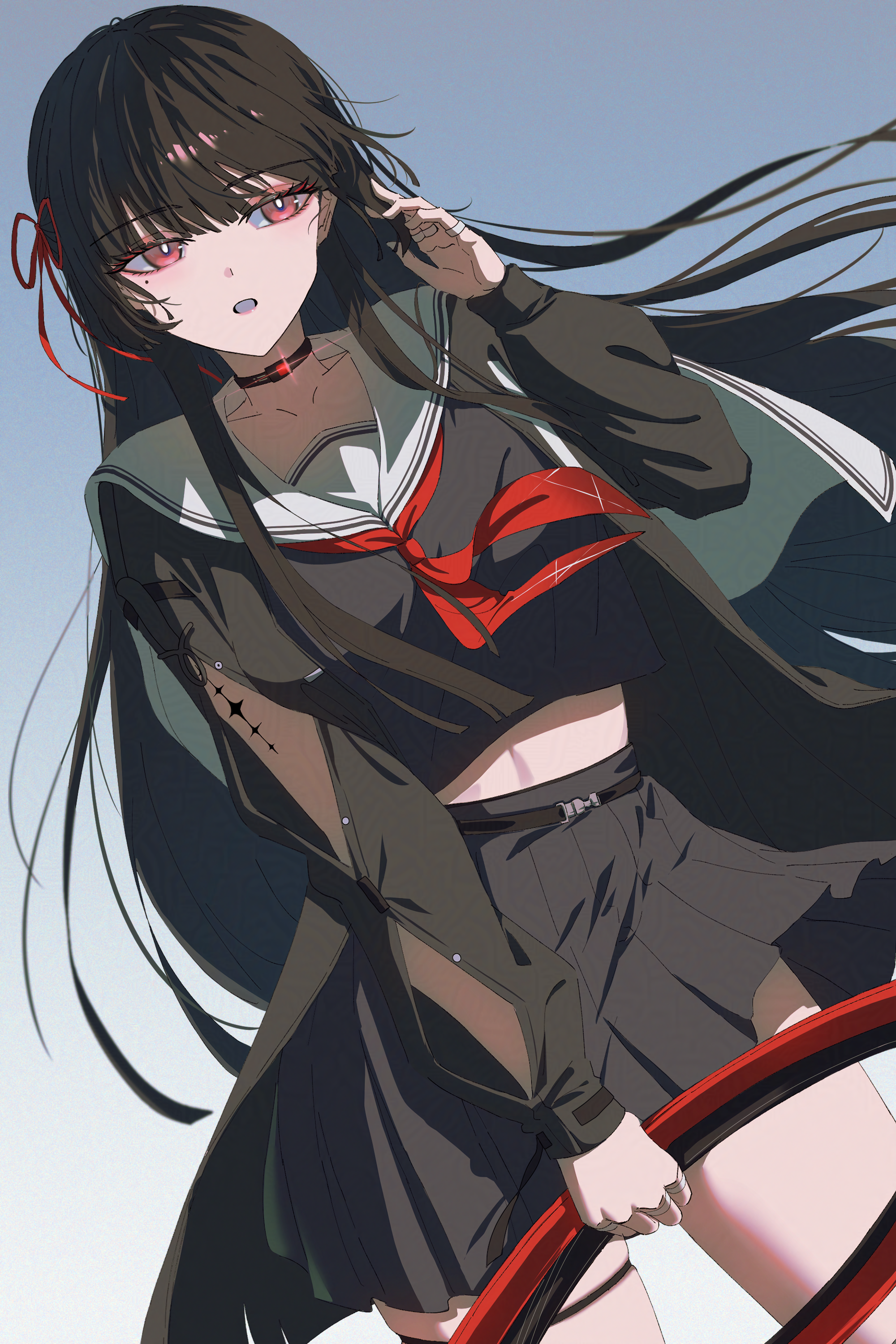 nininininil, chisa (wuthering waves), wuthering waves, absurdres, adversarial noise, commentary request, highres, 1girl, arm cutout, black choker, black hair, black jacket, black serafuku, black shirt, black skirt, breasts, choker, clothing cutout, collarbone, crop top, hair ribbon, hand up, jacket, long hair, long sleeves, looking to the side, medium breasts, mole, mole under eye, neckerchief, parted lips, red eyes, red neckerchief, red ribbon, ribbon, sailor collar, school uniform, serafuku, shirt, skindentation, skirt, solo, thigh strap, thighs, very long hair, white sailor collar, wind