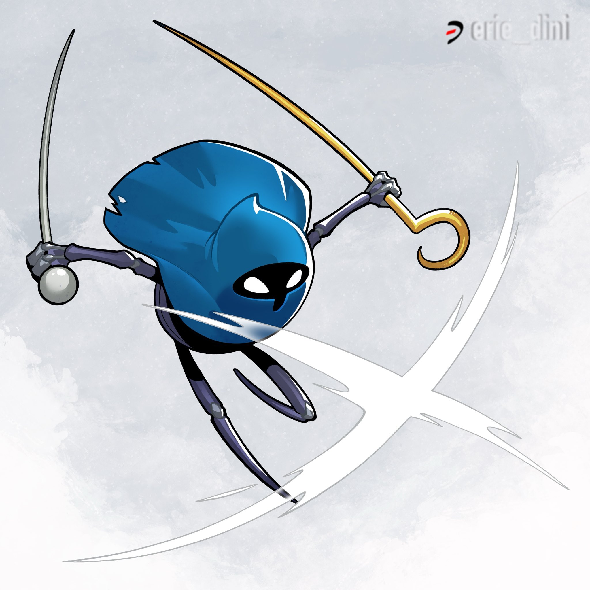 guraguradesign, hollow knight, hollow knight: silksong, highres, 1girl, arthropod girl, attack, blue cloak, cloak, dual wielding, holding, holding weapon, hood, hooded cloak, pin (hollow knight), pinstress (hollow knight), reverse grip, solo, weapon