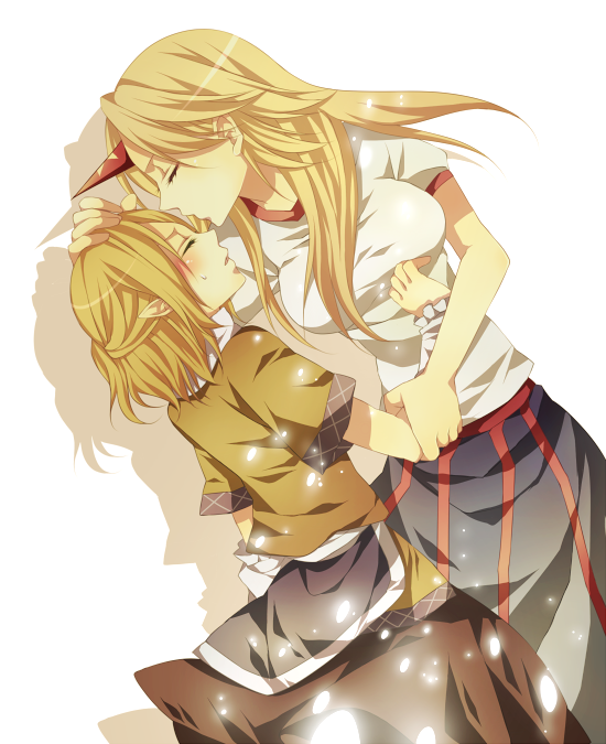 tsukioka tsukiho, hoshiguma yuugi, mizuhashi parsee, touhou, bad id, bad pixiv id, 2girls, blonde hair, blush, closed eyes, female focus, half updo, horns, kiss, multiple girls, single horn, yuri