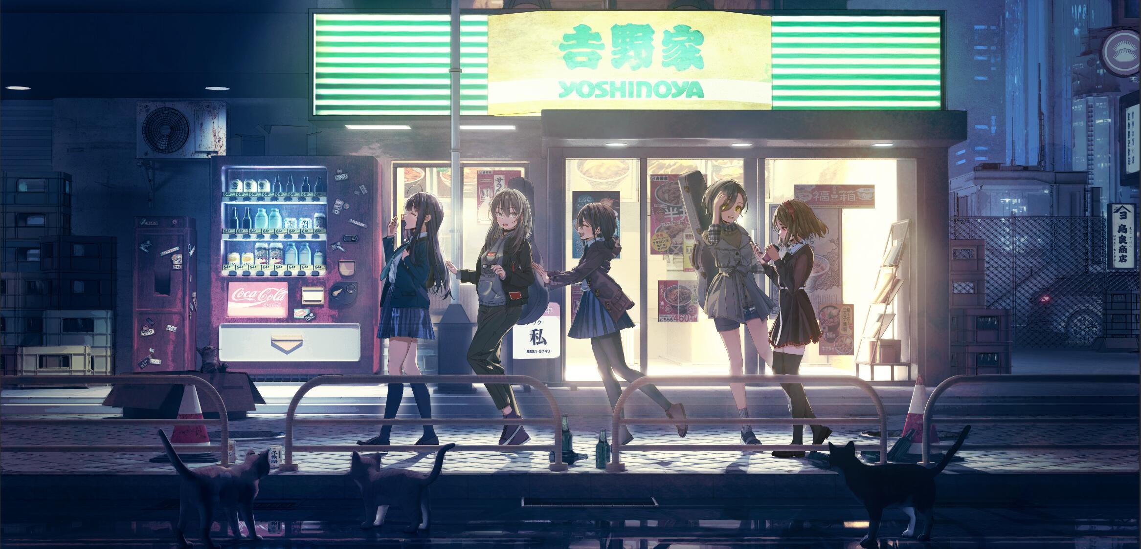 aijotooko, awa subaru, ebizuka tomo, iseri nina, kawaragi momoka, rupa (girls band cry), coca-cola, girls band cry, yoshinoya (restaurant), commentary, highres, 5girls, ahoge, aqua necktie, black choker, black dress, black hair, black jacket, black pants, black pantyhose, black shoes, black socks, black thighhighs, blue skirt, bottle, brown eyes, brown hair, brown jacket, car, cat, choker, closed eyes, condenser unit, crate, cup, dress, drinking straw, drinking straw in mouth, grey eyes, grey hair, grey shorts, guitar case, hair between eyes, hand up, holding, holding cup, hood, hood down, hooded jacket, instrument case, instrument on back, jacket, kneehighs, long hair, low twintails, motor vehicle, multiple girls, necktie, night, open clothes, open jacket, open mouth, outdoors, pants, pantyhose, plaid clothes, plaid skirt, pleated skirt, red eyes, red jacket, school uniform, shirt, shoes, short hair, short twintails, shorts, sidelocks, sidewalk, skirt, socks, thighhighs, twintails, vending machine, walking, white shirt, yawning, zettai ryouiki
