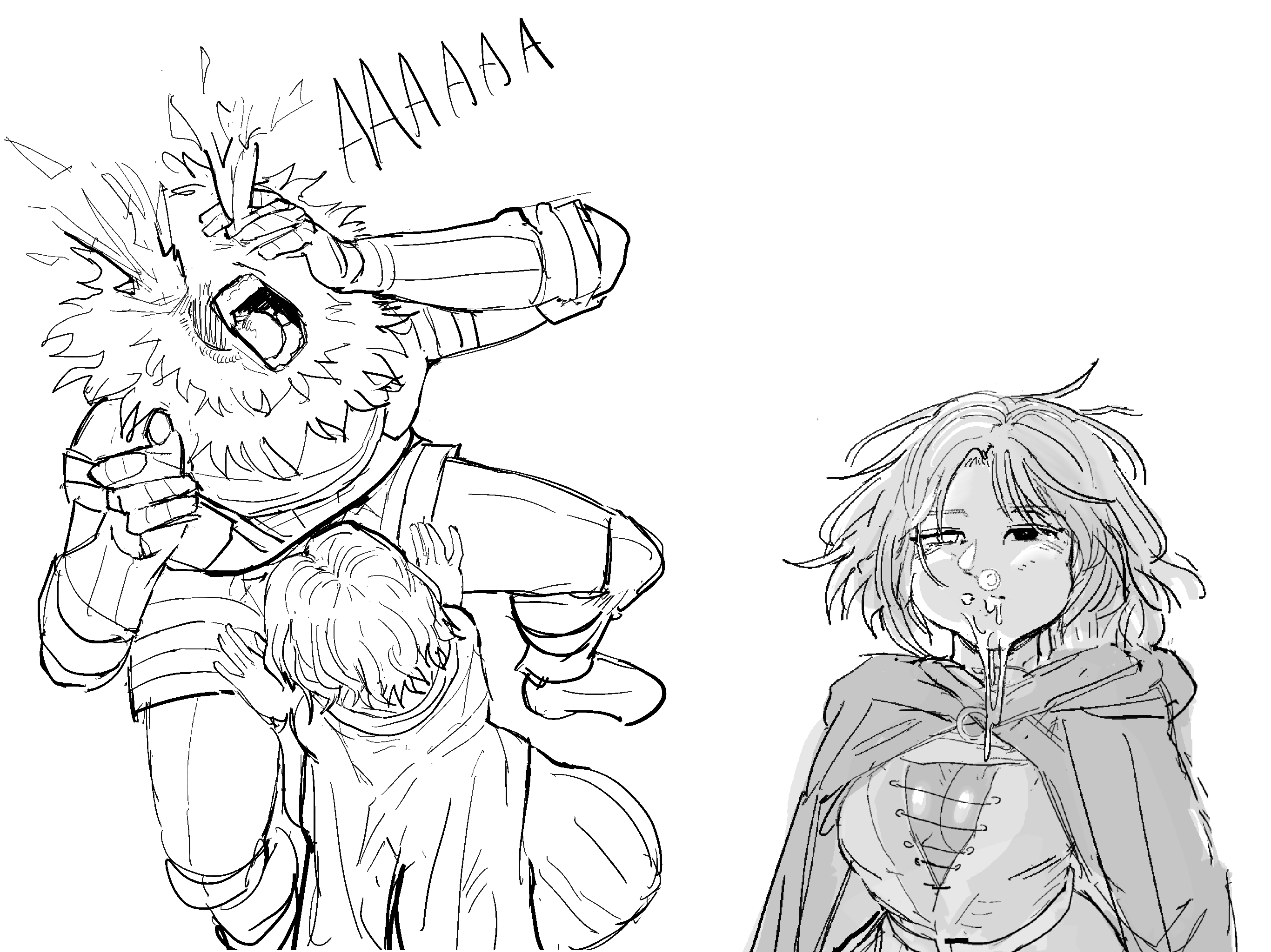 dehgwo, melina (elden ring), elden ring, highres, 1boy, 1girl, after fellatio, armor, breasts, cloak, cum, fellatio, oral