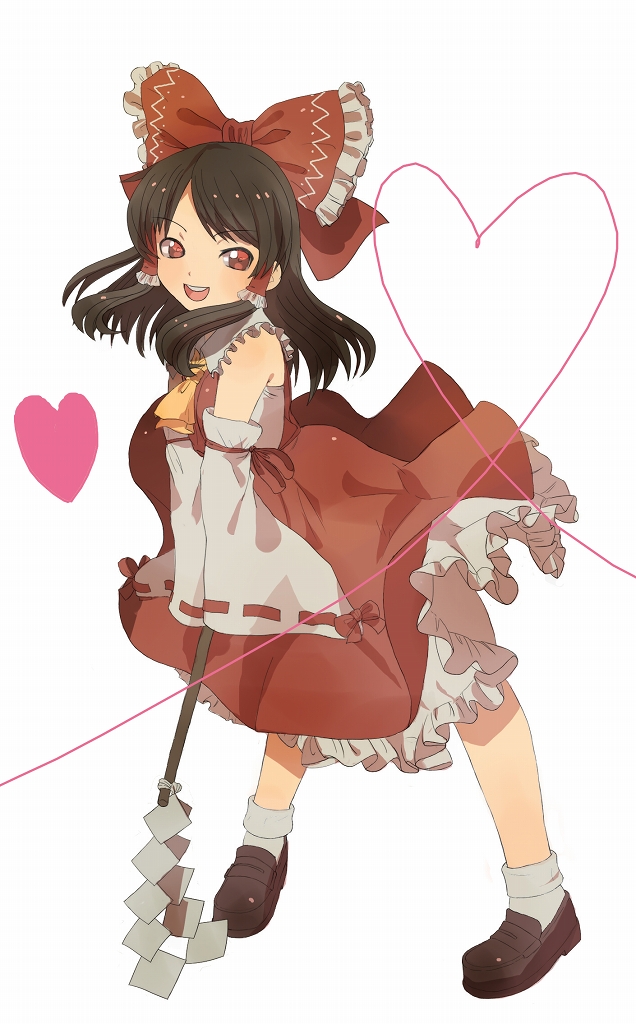 wamochi, hakurei reimu, touhou, bad id, bad pixiv id, 1girl, black hair, bow, detached sleeves, female focus, full body, gohei, hair bow, heart, japanese clothes, miko, red eyes, ribbon, skirt, solo, white background