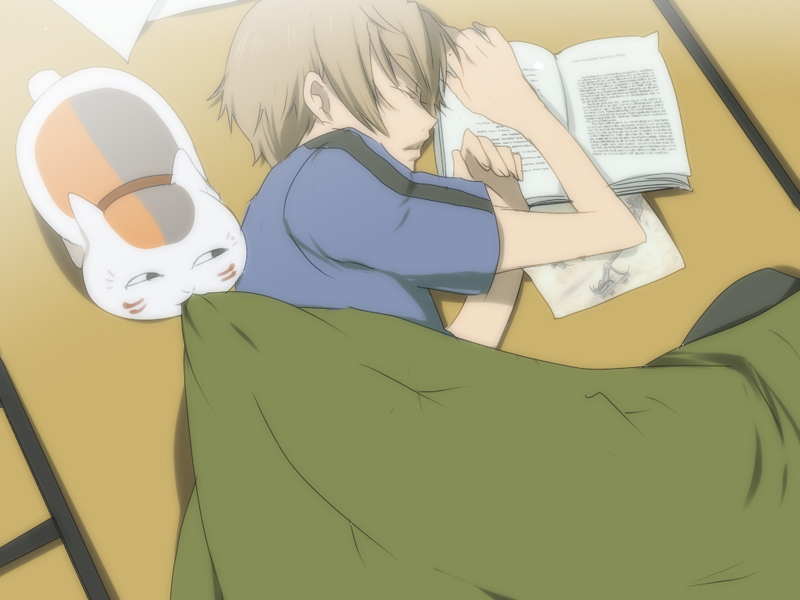 kl (dgzonbi), natsume takashi, nyanko-sensei, natsume yuujinchou, 00s, 1boy, blanket, book, brown hair, cat, male focus, open book, sleeping, solo