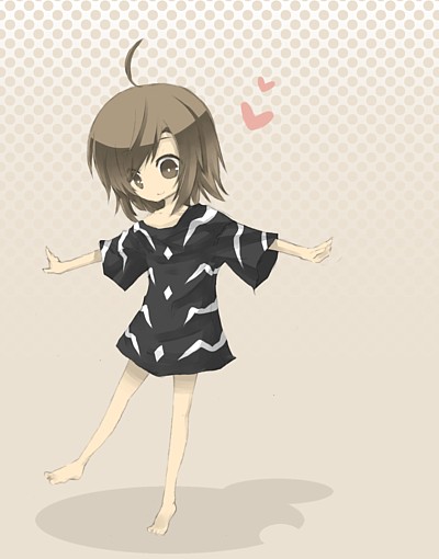 ciel arc, ciel arc (pixiv482221), last order (toaru majutsu no index), toaru majutsu no index, bad id, bad pixiv id, 00s, ahoge, barefoot, brown eyes, brown hair, heart, shirt, short hair, solo, t-shirt
