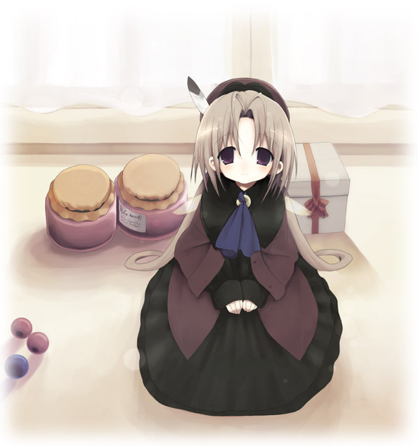 kogado, shiro (octet), phorni, phorni (symphonic rain), shiro, symphonic rain, 1girl, blonde hair, box, female focus, happy, hat, long hair, purple eyes, ribbon, sitting, smile, solo, twintails, very long hair, window, wings