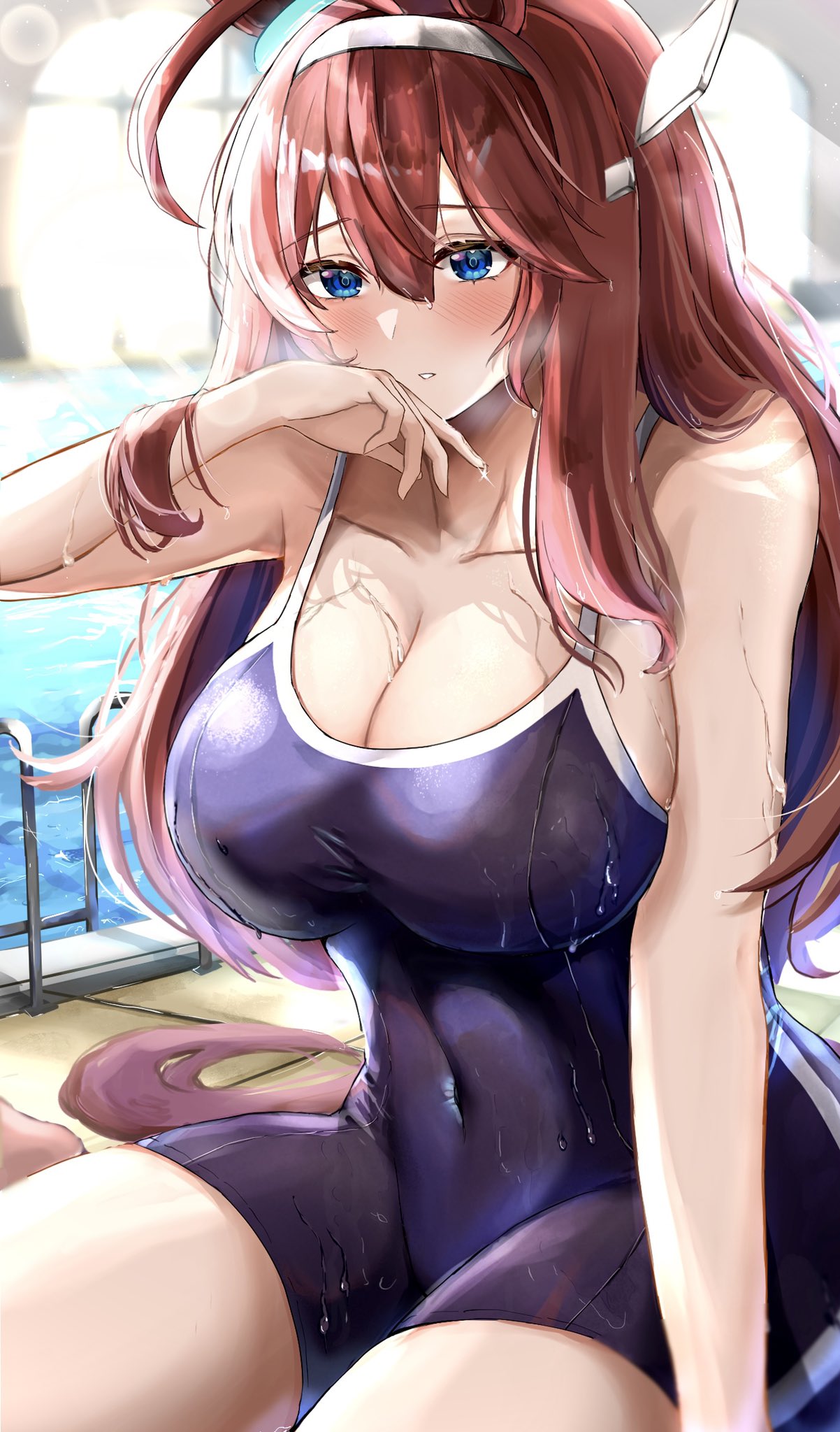 nunu (pixiv69145027), mihono bourbon (umamusume), umamusume, highres, 1girl, ahoge, animal ears, black one-piece swimsuit, blue eyes, breasts, brown hair, cleavage, collarbone, covered navel, hairband, horse ears, horse girl, long hair, one-piece swimsuit, pool, pool ladder, solo, swimsuit, wet, wet clothes, wet hair, wet swimsuit, white hairband
