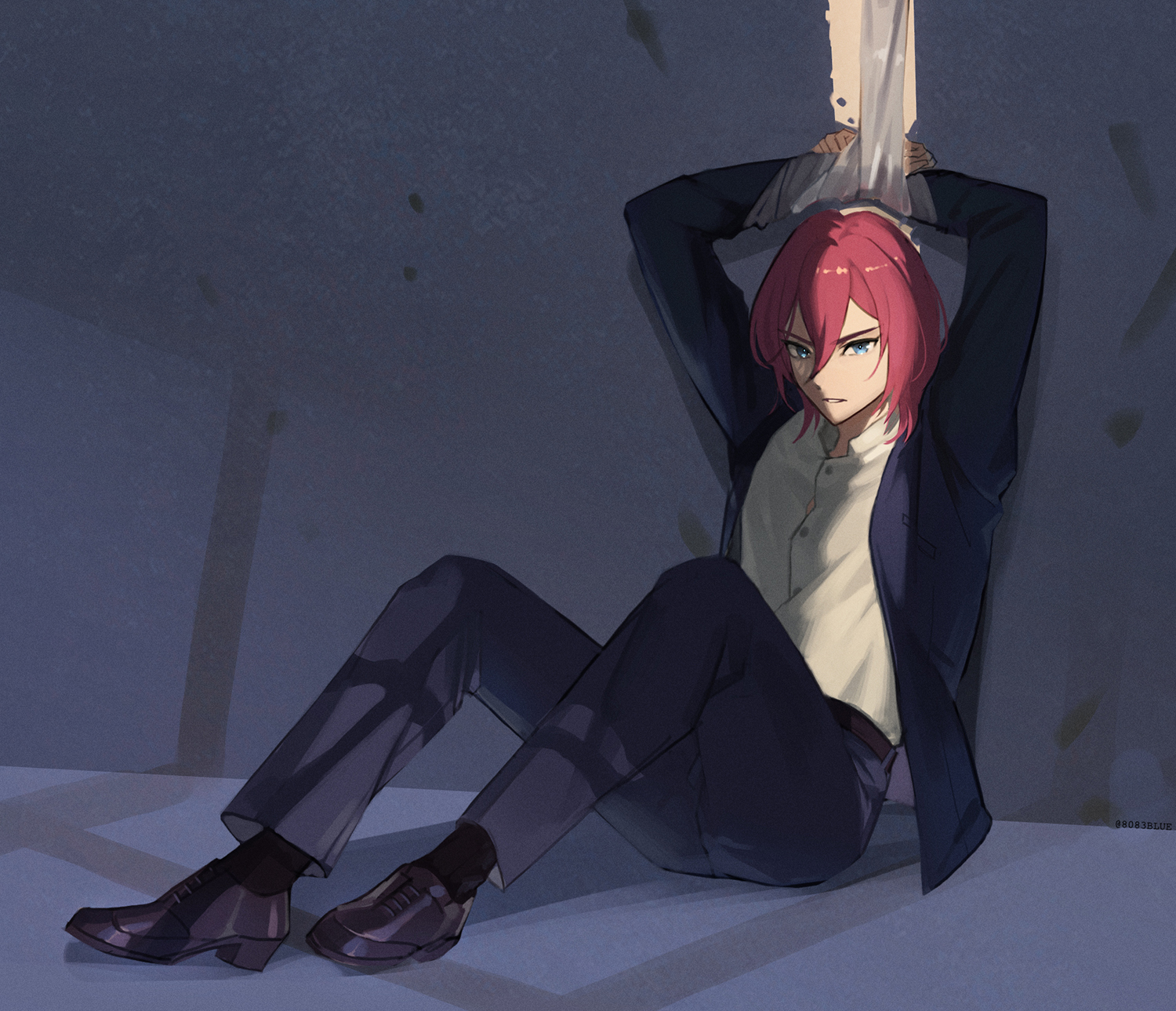 8083 blue, saegusa ibara, ensemble stars!, commentary request, highres, 1boy, arms up, black jacket, black pants, black shoes, black socks, blue eyes, bound, bound wrists, dress shoes, duct tape, full body, hair between eyes, jacket, long sleeves, looking at viewer, male focus, pants, parted lips, red hair, shirt, shoes, short hair, sitting, socks, solo, white shirt