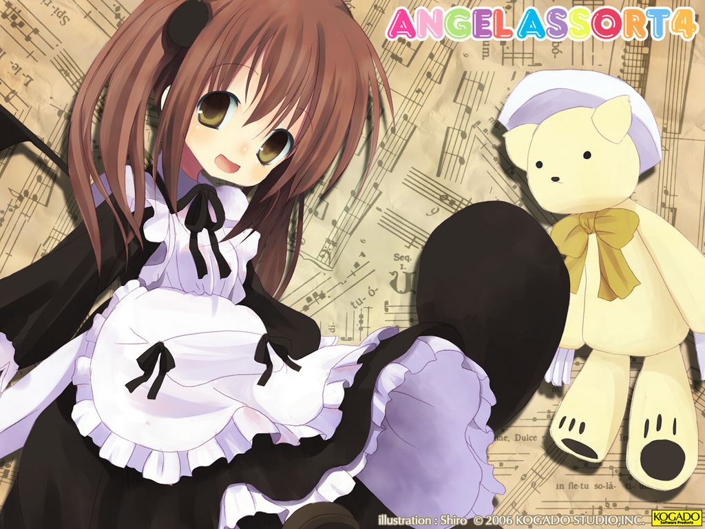 shiro (octet), shiro, tortinita fine, symphonic rain, apron, brown hair, long hair, maid, maid apron, ribbon, solo, stuffed animal, stuffed toy, twintails, yellow eyes