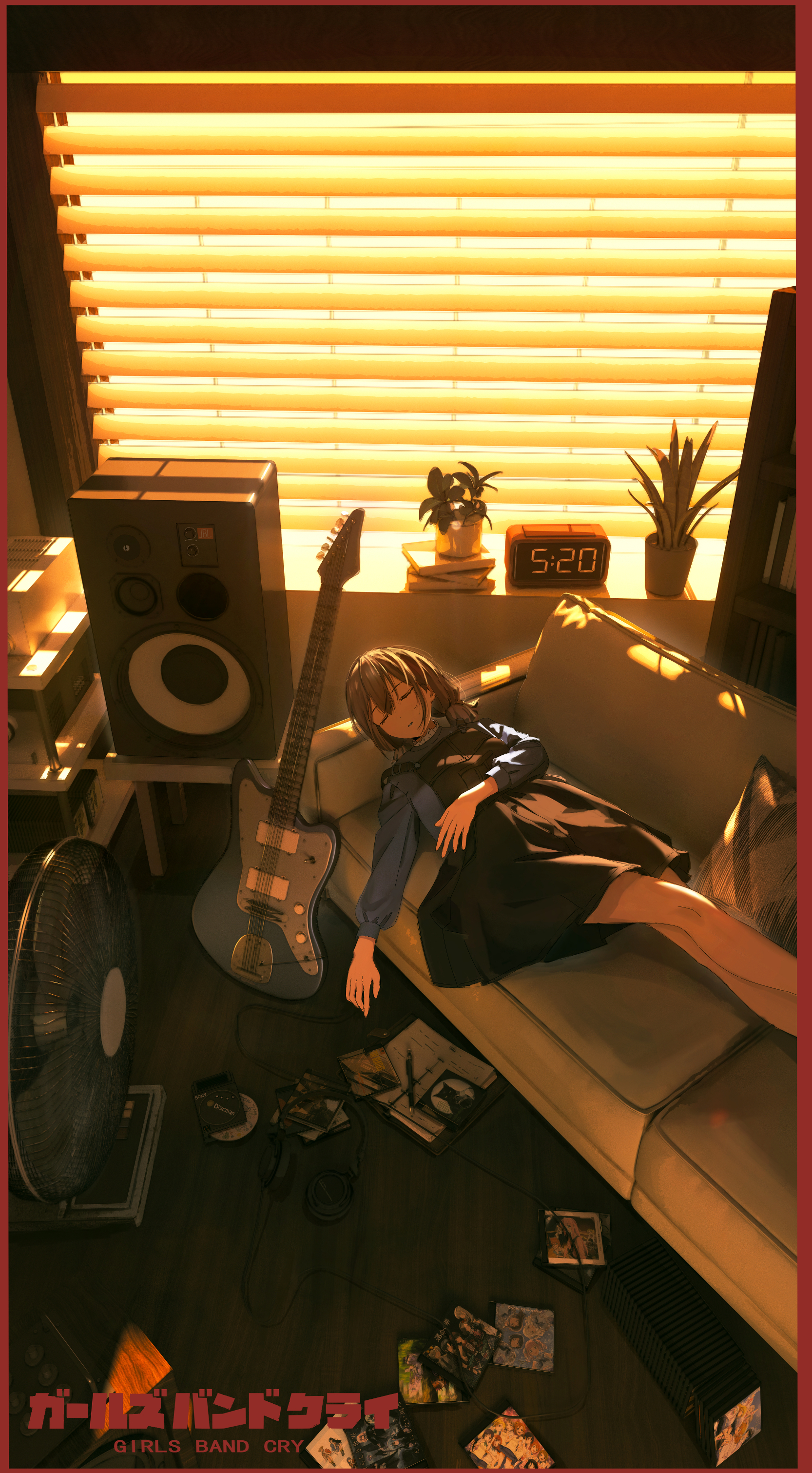 aijotooko, iseri nina, abbey road, bang dream!, bang dream! it's mygo!!!!!, bocchi the rock!, girls band cry, love live!, love live! school idol project, love live! superstar!!, newjeans, please please me, sony, the beatles, absurdres, annotation request, commentary, highres, partially annotated, 1girl, alarm clock, black overalls, blue sweater, brown hair, cable, cd case, cd player, cd walkman, clock, copyright name, couch, electric fan, electric guitar, fender jazzmaster, guitar, hajimari wa kimi no sora, headphones, indoors, instrument, kuuhaku to catharsis, long hair, low twintails, no brand girls, open mouth, overalls, pen, plant, potted plant, short hair, sleeping, speaker, sweater, twintails, window, window blinds