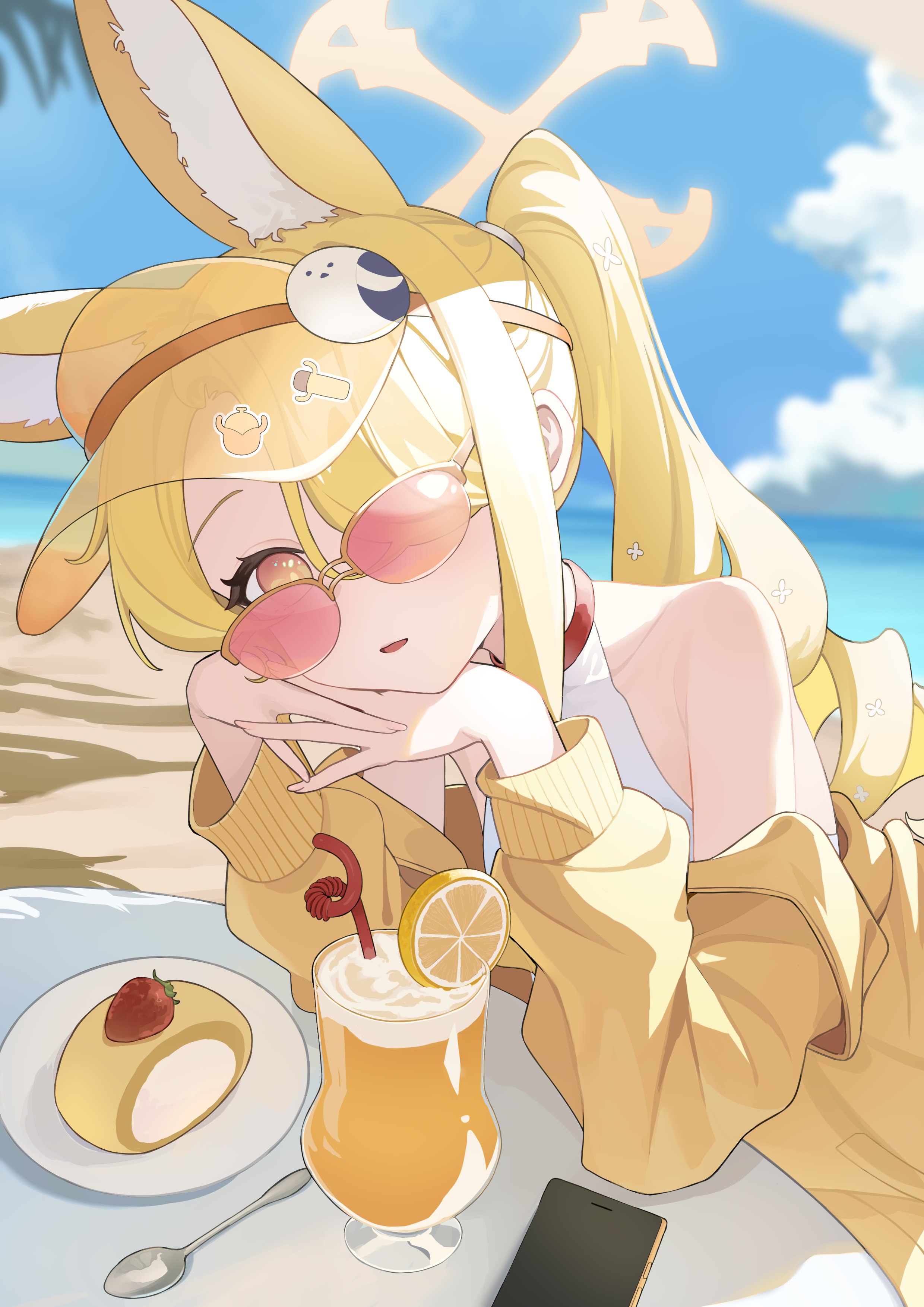 liago, seia (blue archive), seia (swimsuit) (blue archive), blue archive, absurdres, highres, 1girl, animal ear fluff, animal ears, beach, bendy straw, blonde hair, blue sky, cellphone, cloud, cocktail, cocktail glass, cup, day, drinking glass, drinking straw, elbows on table, food, fruit, halo, hat, head rest, horizon, long hair, long sleeves, ocean, off shoulder, open mouth, orange-tinted eyewear, orange (fruit), orange eyes, orange slice, outdoors, phone, sand, sitting, sky, smartphone, spoon, strawberry, sunglasses, swimsuit, table, tinted eyewear, water, yellow halo