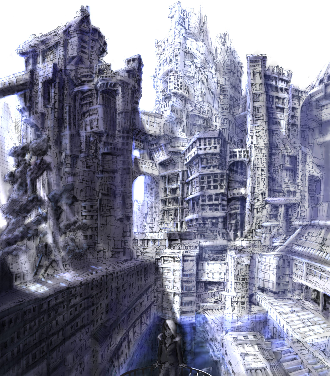 magu, maguon, highres, blue theme, building, city, monochrome, no humans, scenery, water