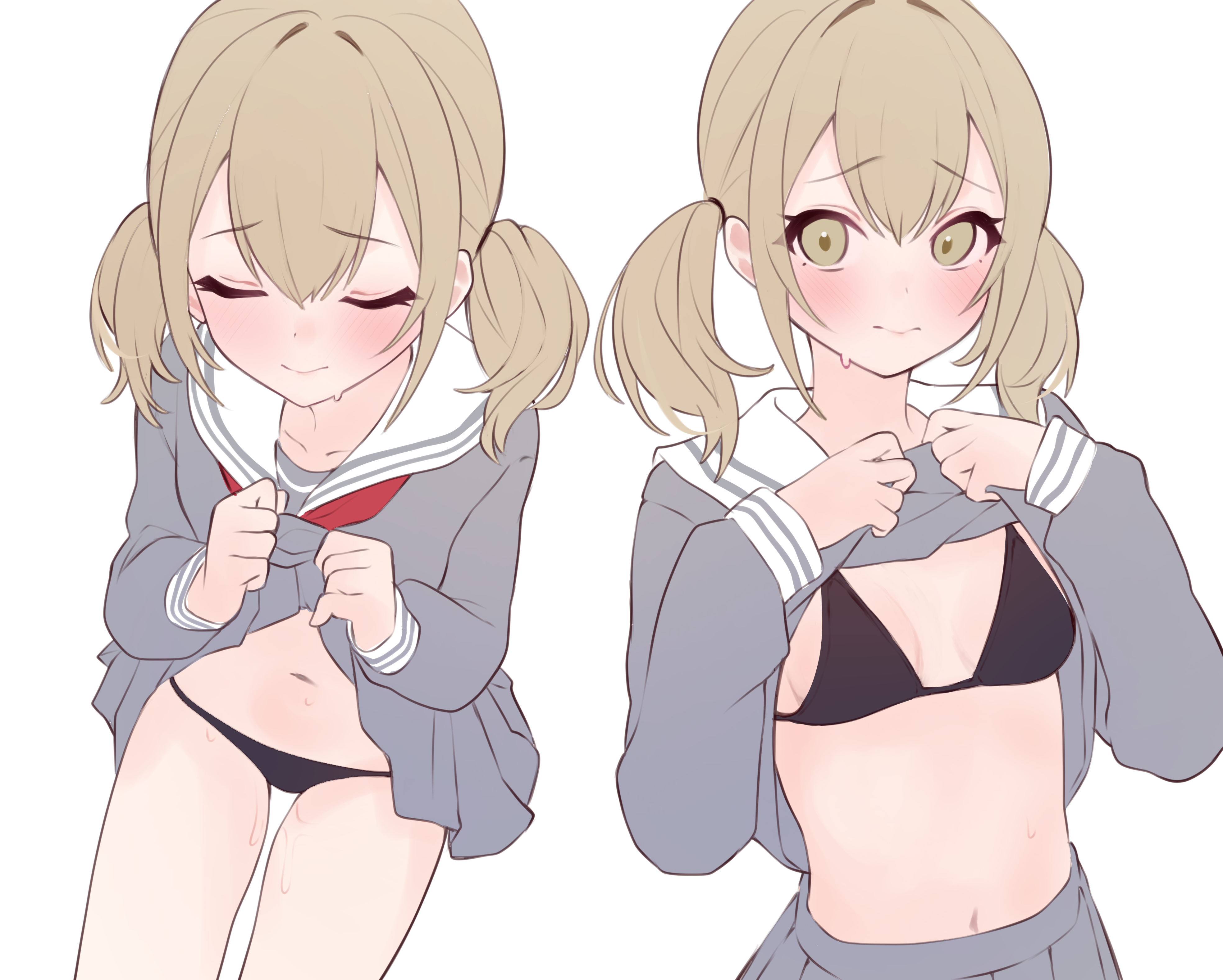 genmai komeko, azusawa kohane, project sekai, absurdres, commentary request, highres, 1girl, black bra, black panties, blonde hair, blush, bra, breasts, breasts apart, closed eyes, closed mouth, clothes lift, collarbone, cowboy shot, double-parted bangs, embarrassed, eyes visible through hair, from above, grey serafuku, grey shirt, grey skirt, hair between eyes, hair intakes, hair tie, hands up, lifting own clothes, long sleeves, looking at viewer, medium hair, miniskirt, miyamasuzaka girls' academy school uniform, multiple views, navel, neckerchief, panties, pleated skirt, puffy long sleeves, puffy sleeves, raised inner eyebrows, red neckerchief, sailor collar, school uniform, serafuku, shirt, shirt lift, simple background, sitting, skirt, skirt lift, small breasts, smile, stomach, sweat, twintails, u u, underwear, upper body, white background, white sailor collar, yellow eyes