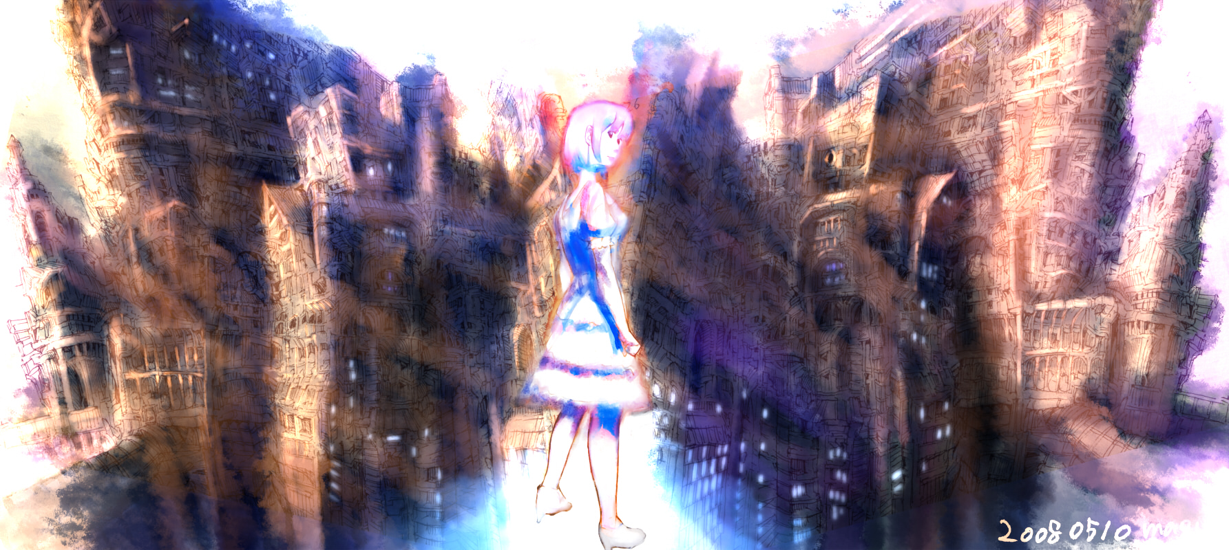magu, maguon, highres, building, city, dress, pink hair, reflection, solo, water