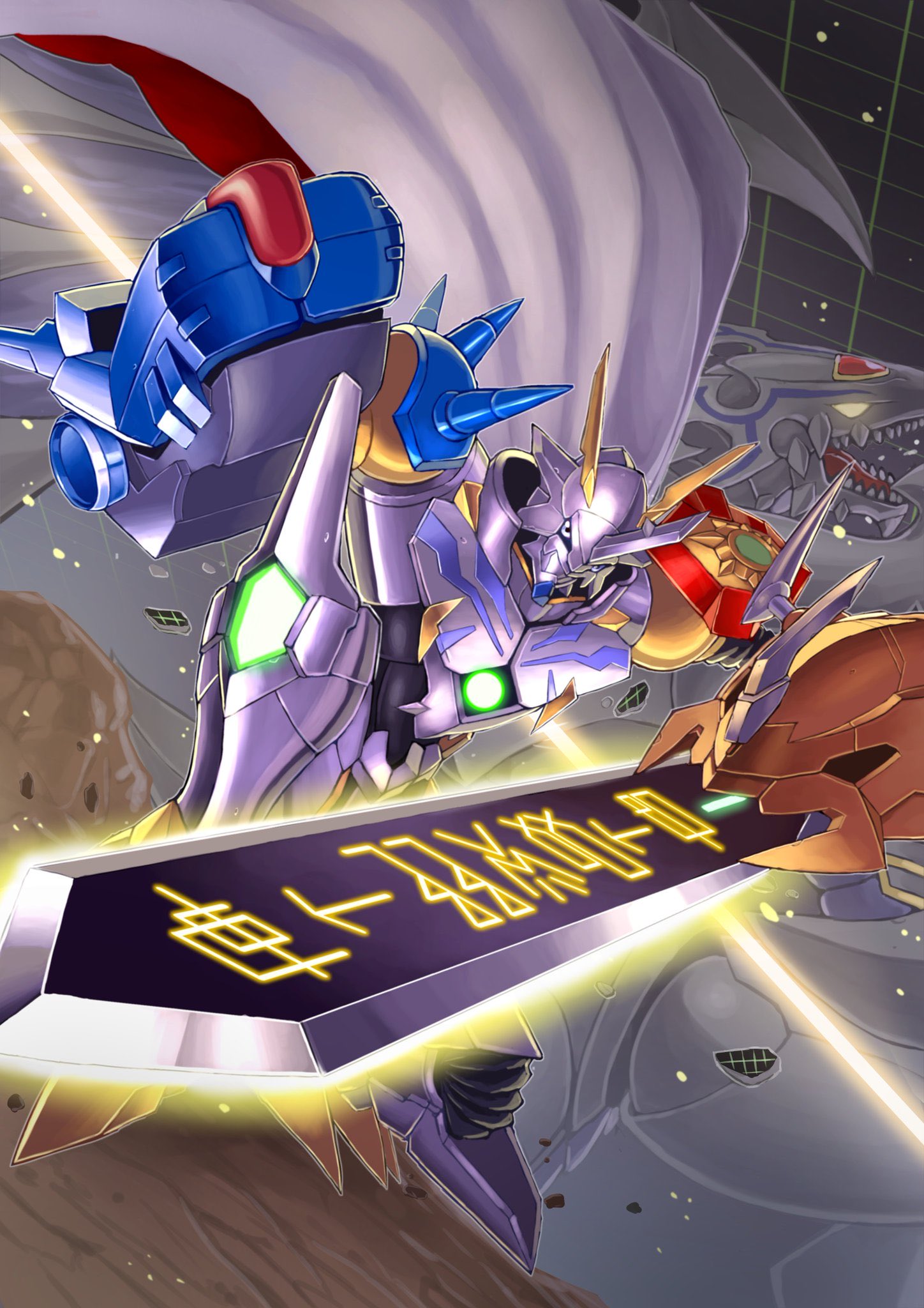 yamamoto zetta, omegamon x-antibody, digimon, digital monster x-evolution, highres, arm blade, arm cannon, armor, blue eyes, cape, digimoji, digimon (creature), digimon crest, horns, mecha, no humans, red cape, robot, shoulder armor, shoulder spikes, solo, spikes, sword, weapon, white armor, white cape, x-antibody