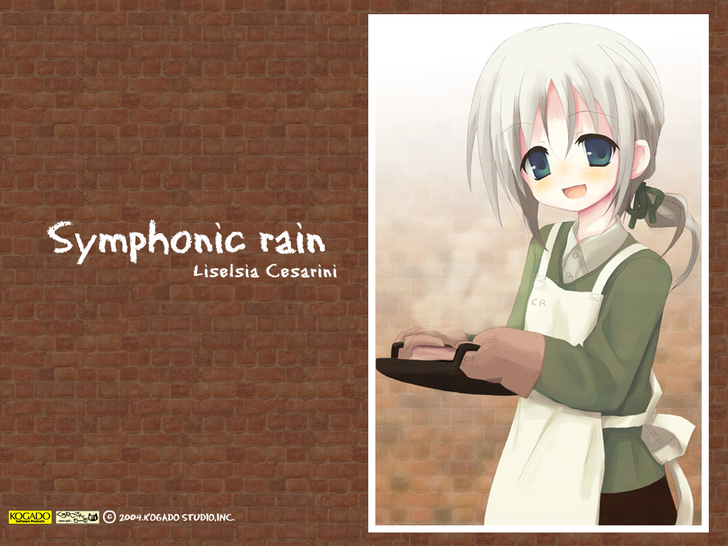 kogado, shiro (octet), liselsia cesarini, shiro, symphonic rain, apron, blush, green eyes, happy, ponytail, short hair, smile, solo, white hair