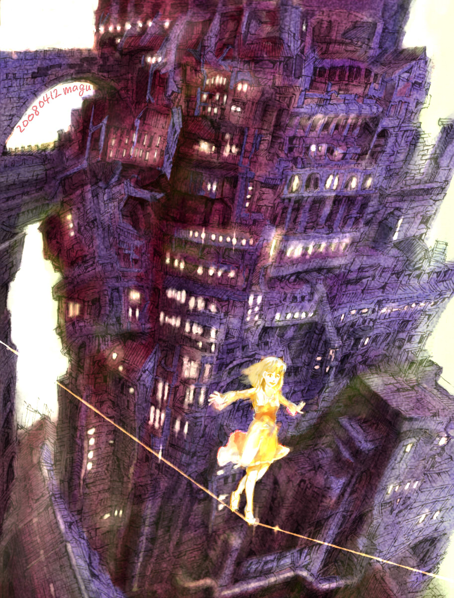 magu, maguon, highres, arch, balancing, bridge, city, rope, solo