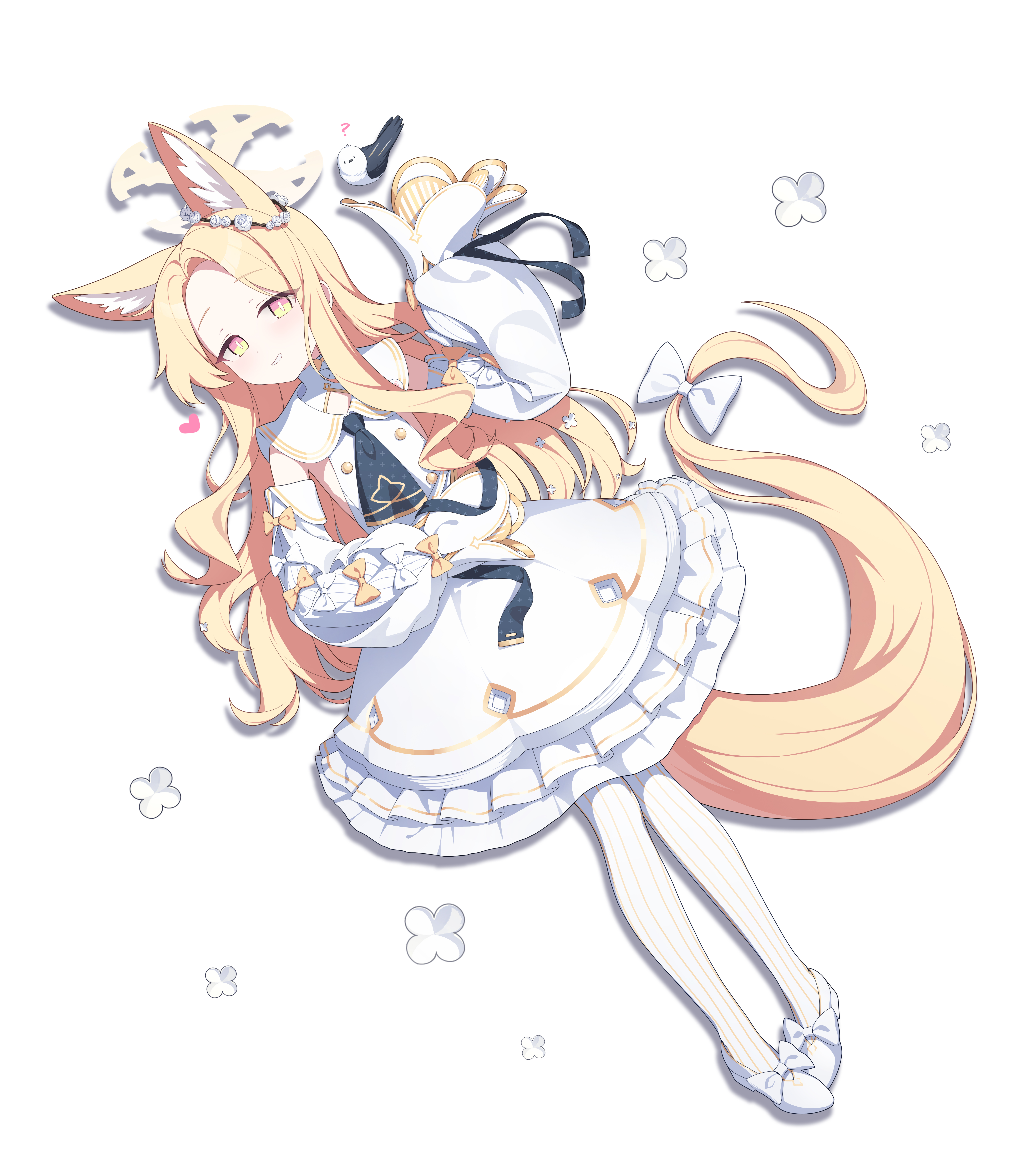 dong ji, seia (blue archive), blue archive, absurdres, highres, 1girl, animal ear fluff, animal ears, bird, blonde hair, blue necktie, blush, bow, detached sleeves, dress, forehead, fox ears, fox girl, fox tail, halo, long hair, lying, necktie, on back, pantyhose, parted lips, pink eyes, shoes, sidelocks, sleeves past fingers, sleeves past wrists, smile, solo, striped clothes, striped pantyhose, tail, tail bow, tail ornament, vertical-striped clothes, vertical-striped pantyhose, white bow, white dress, white pantyhose, white shoes, yellow halo