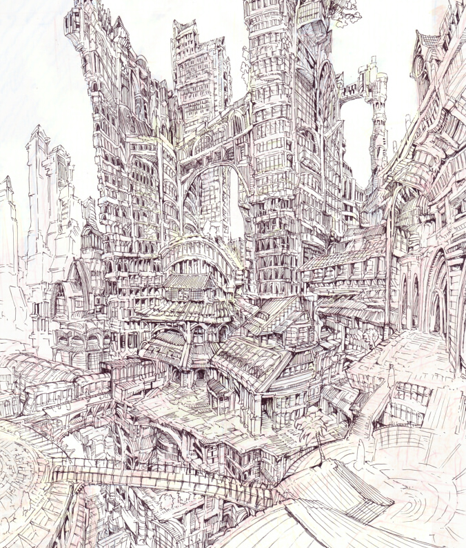 magu, maguon, bad id, bad pixiv id, bridge, city, greyscale, monochrome, no humans, purple theme, scenery