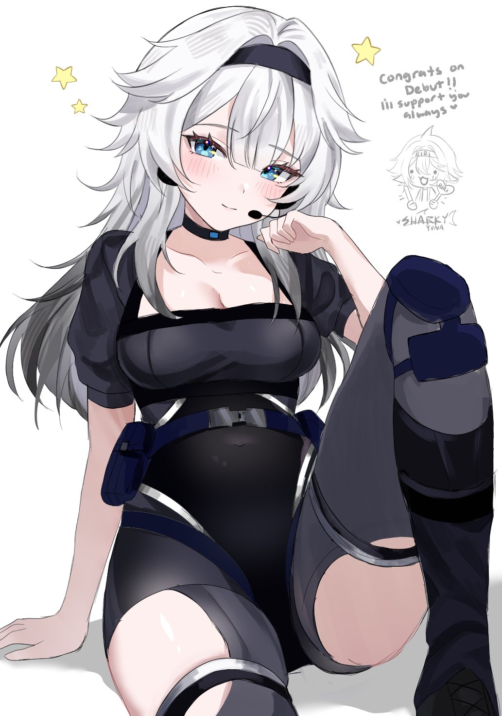 sharkyyuna, indie virtual youtuber, commentary, english commentary, highres, 2girls, black bodysuit, black choker, black hairband, blue eyes, blush, bodysuit, breasts, choker, cleavage, closed mouth, collarbone, doodle inset, double-parted bangs, hair between eyes, hairband, headset, long hair, looking at viewer, medium breasts, multiple girls, rihsuri (vtuber), sharkyyuna (vtuber), short sleeves, simple background, sitting, smile, solo focus, star (symbol), virtual youtuber, white background, white hair