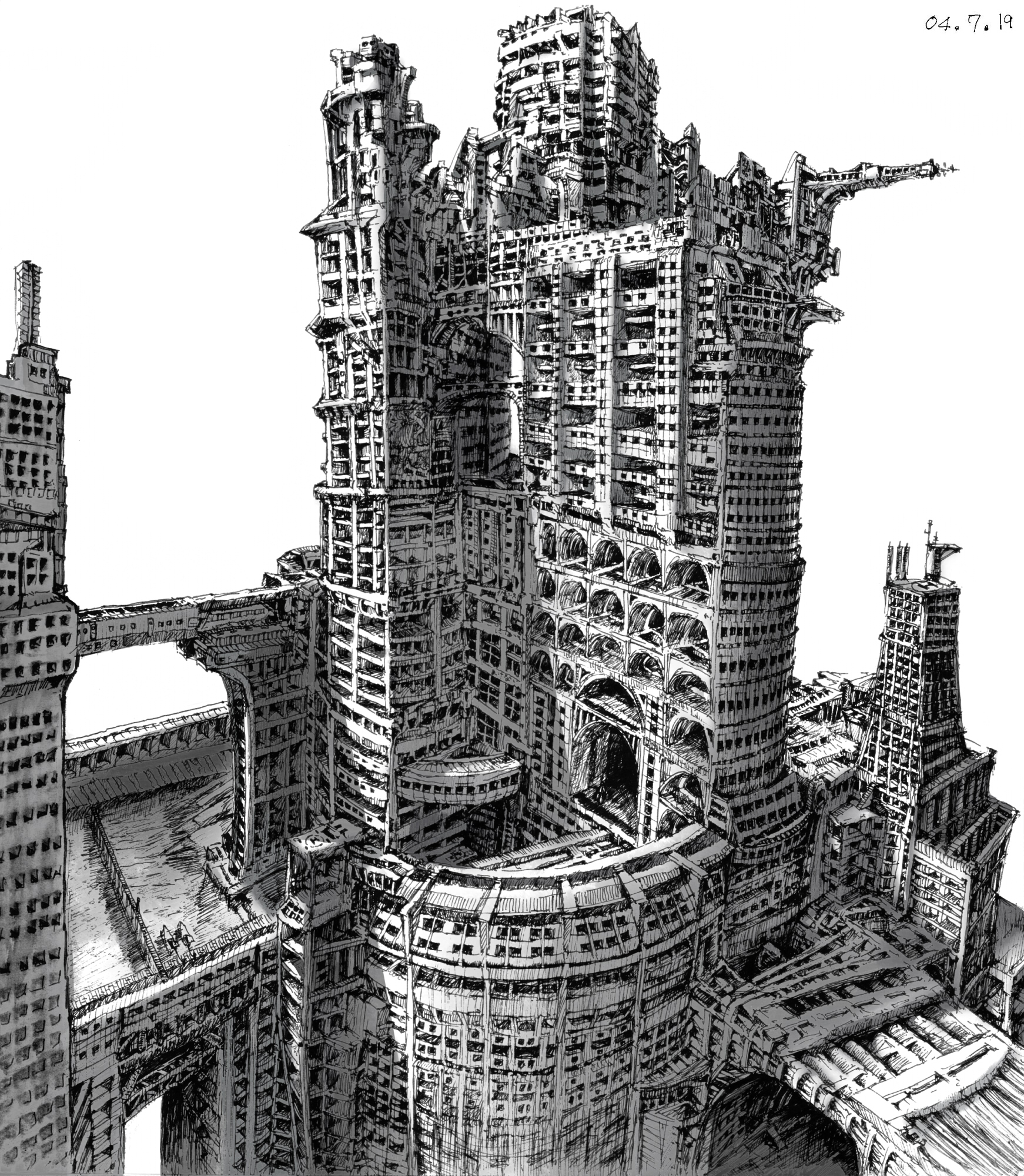 magu, maguon, highres, tagme, arch, building, greyscale, monochrome, ruins, scenery