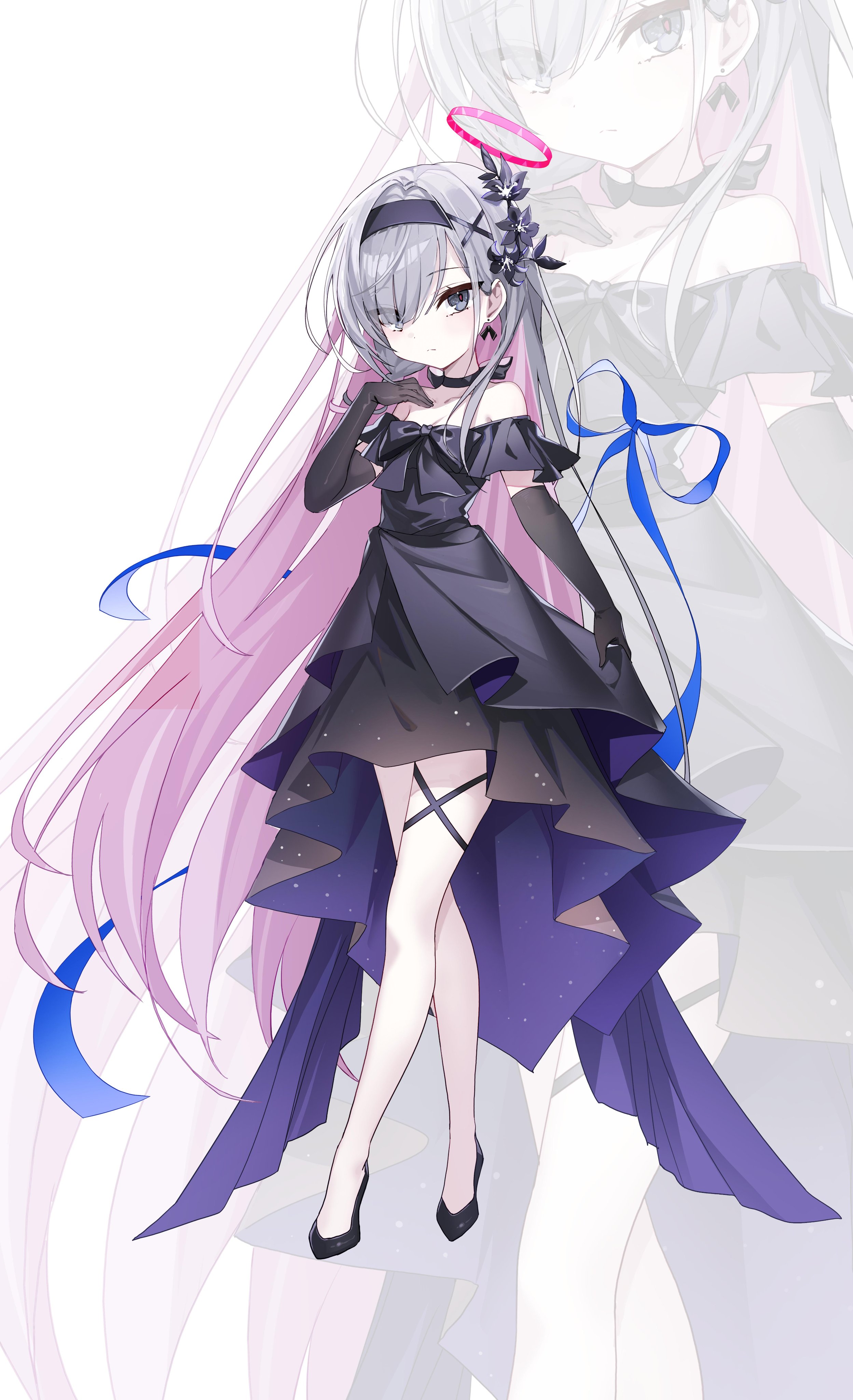 b soyo1, plana (blue archive), blue archive, absurdres, commentary, highres, 1girl, bare shoulders, black choker, black dress, black gloves, black hairband, black shoes, bow, bow choker, breasts, choker, cleavage, collarbone, colored inner hair, dress, elbow gloves, full body, gloves, grey eyes, grey hair, hair intakes, hair ornament, hairband, halo, hand up, high heels, long hair, multicolored hair, off-shoulder dress, off shoulder, pink hair, pink halo, shoes, short sleeves, simple background, solo, standing, two-tone hair, very long hair, white background, x hair ornament, zoom layer
