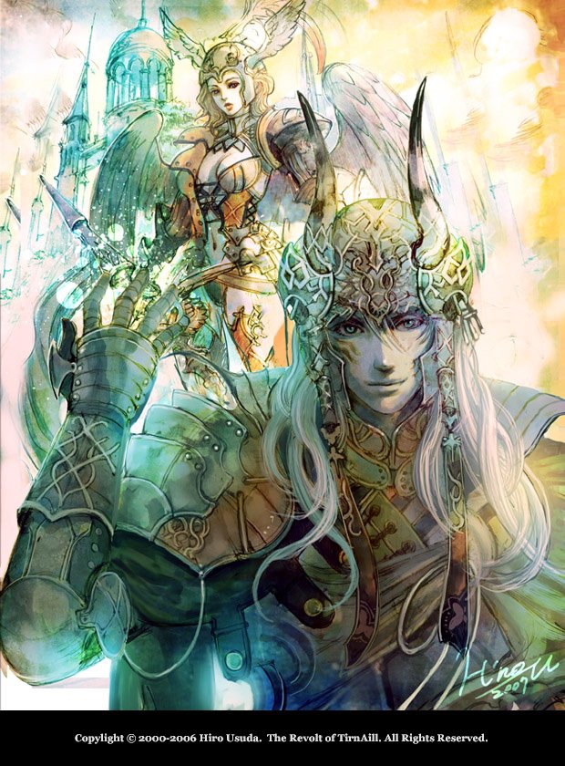 usuda hiro, usudahiro, armor, english text, engrish text, helmet, ranguage, tower, valkyrie, wings
