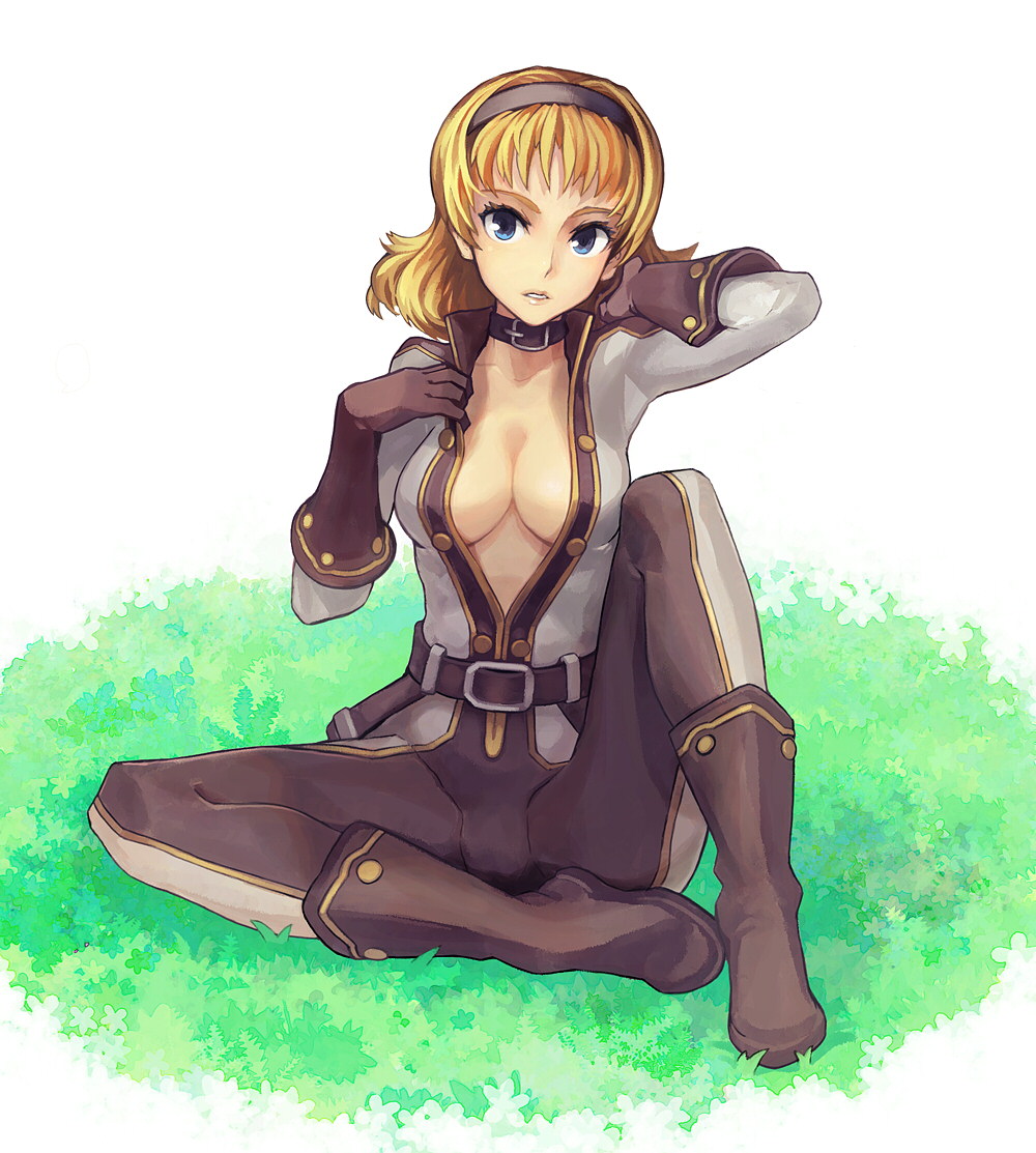 forgotten artist, ryman, natalia luzu kimlasca lanvaldear, tales of (series), tales of the abyss, bad id, bad pixiv id, 00s, 1girl, blonde hair, blue eyes, bodysuit, breasts, cleavage, collar, female focus, gloves, hairband, medium breasts, official alternate costume, short hair, sitting, solo