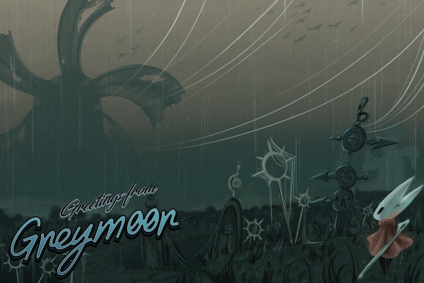 tabiimation, hornet (hollow knight), hollow knight, hollow knight: silksong, highres, 1girl, arthropod girl, black eyes, black skin, cloak, colored skin, english text, from behind, full body, grass, grave, hollow eyes, horned mask, horns, in-universe location, mask, needle (hollow knight), outdoors, postcard (medium), rain, red cloak, sign, signpost, silk, solo, walking, weapon, weapon on back, white mask, windmill