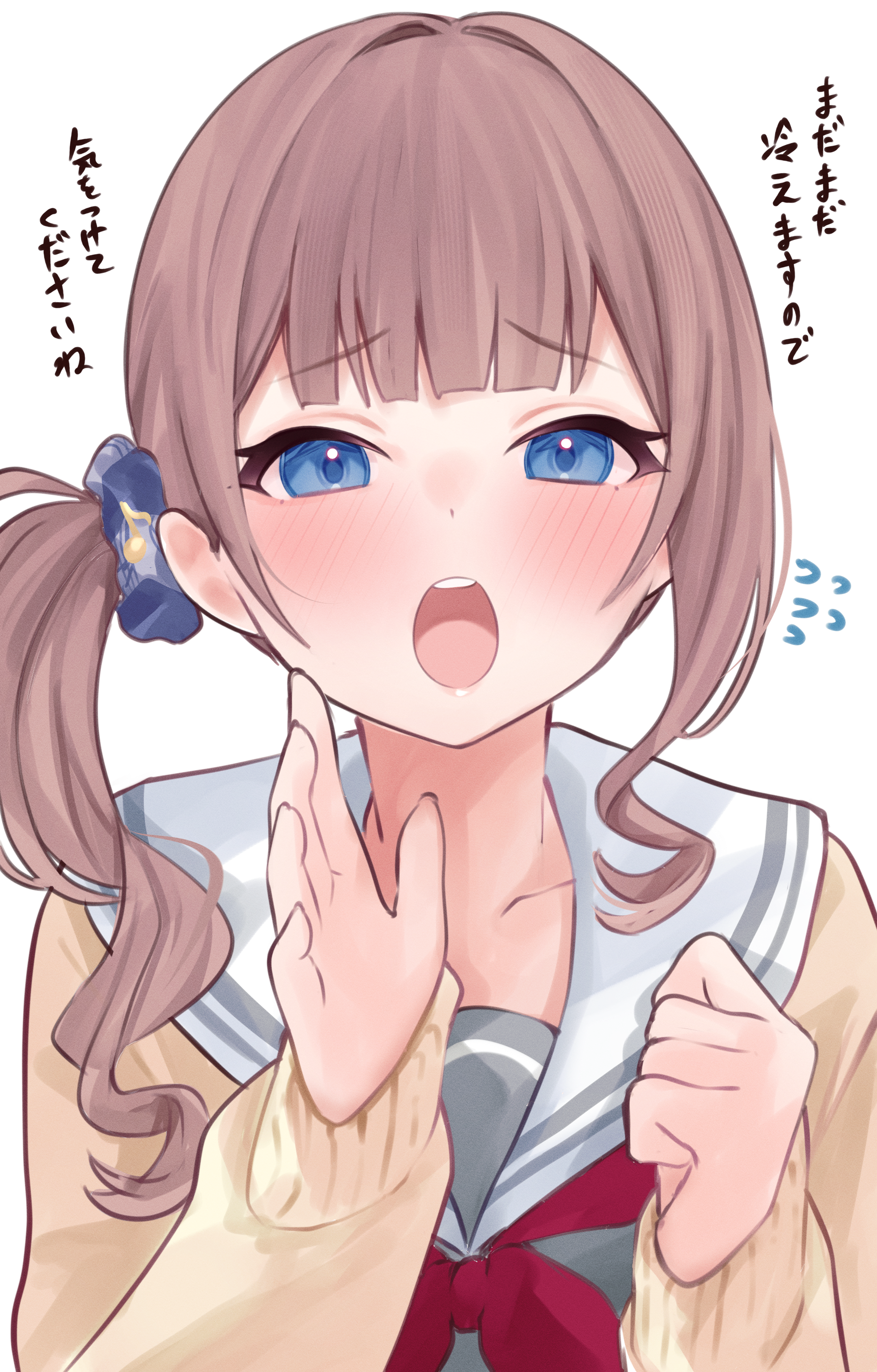 genmai komeko, mochizuki honami, project sekai, absurdres, commentary request, highres, translation request, 1girl, blue scrunchie, blunt bangs, blush, brown hair, cardigan, clenched hand, collarbone, flying sweatdrops, grey shirt, hair intakes, hair ornament, hair scrunchie, hands up, long hair, long sleeves, looking at viewer, miyamasuzaka girls' academy school uniform, musical note, neckerchief, open cardigan, open clothes, open mouth, puffy long sleeves, puffy sleeves, raised inner eyebrows, red neckerchief, sailor collar, school uniform, scrunchie, shirt, side ponytail, simple background, single sidelock, solo, straight-on, teeth, tongue, upper body, upper teeth only, white background, white sailor collar, yellow cardigan