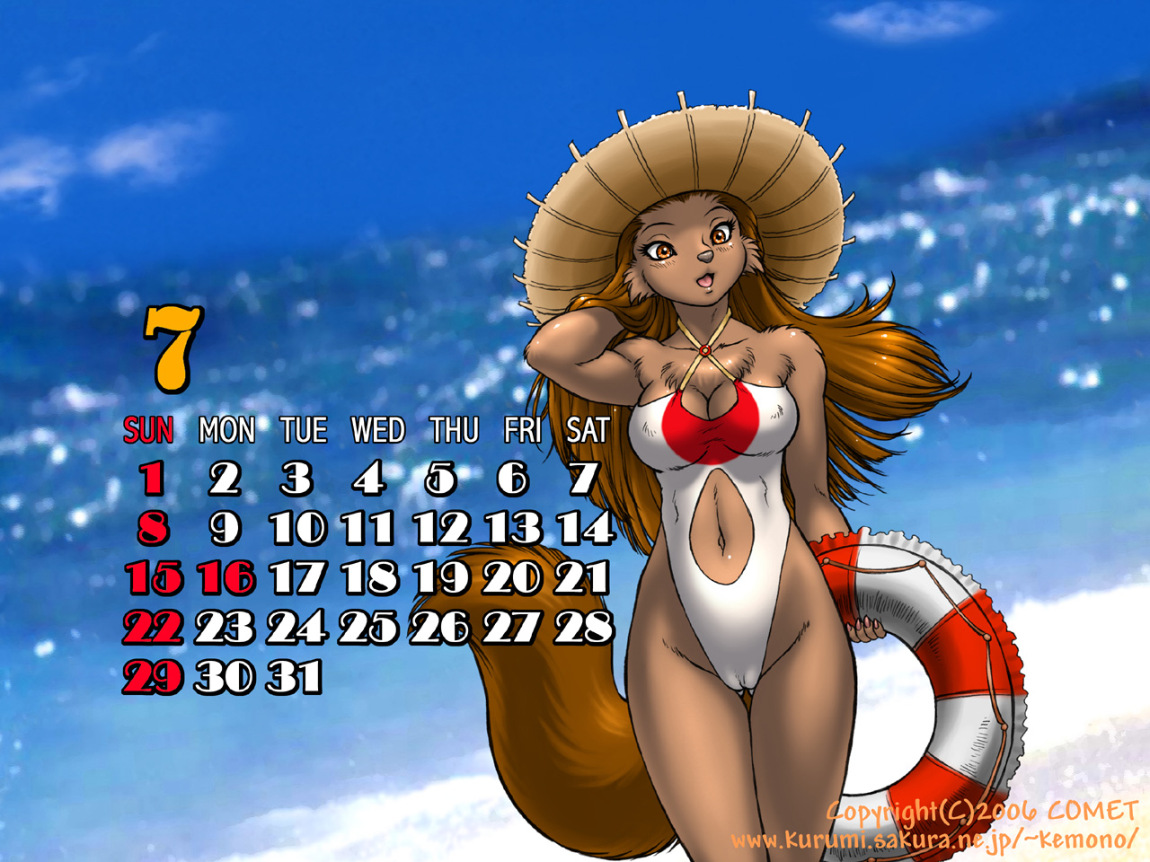 dr comet, 1girl, beach, breasts, calendar, cameltoe, female focus, furry, furry female, july, ocean, outdoors, sky, solo, squirrel, swimsuit