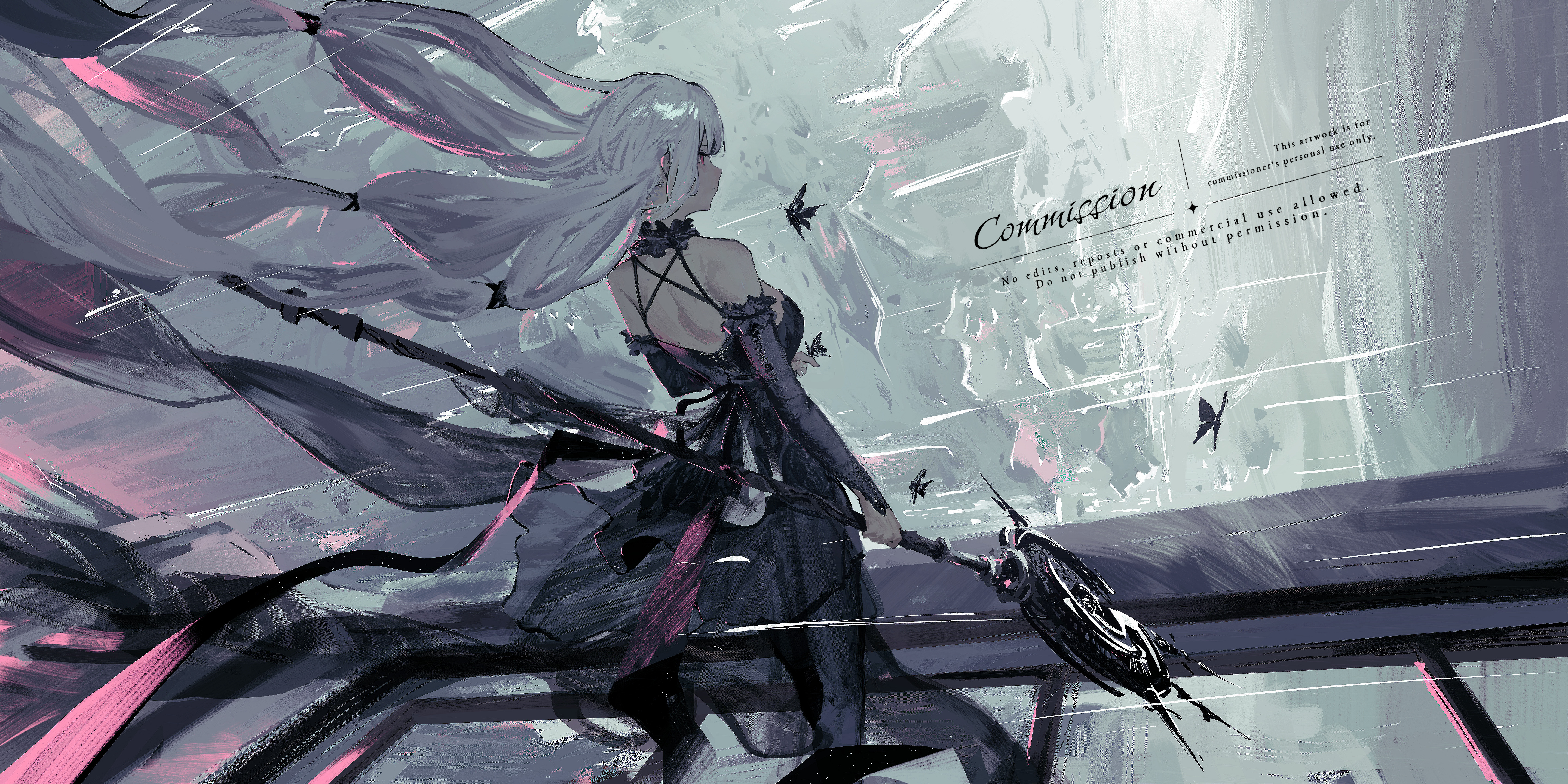lemtun, original, absurdres, chinese commentary, commentary request, commission, highres, 1girl, bare shoulders, black dress, black pantyhose, breasts, bug, butterfly, detached sleeves, dress, english text, feet out of frame, floating hair, from behind, holding, holding staff, insect, long hair, looking back, pantyhose, solo, staff, standing, white hair