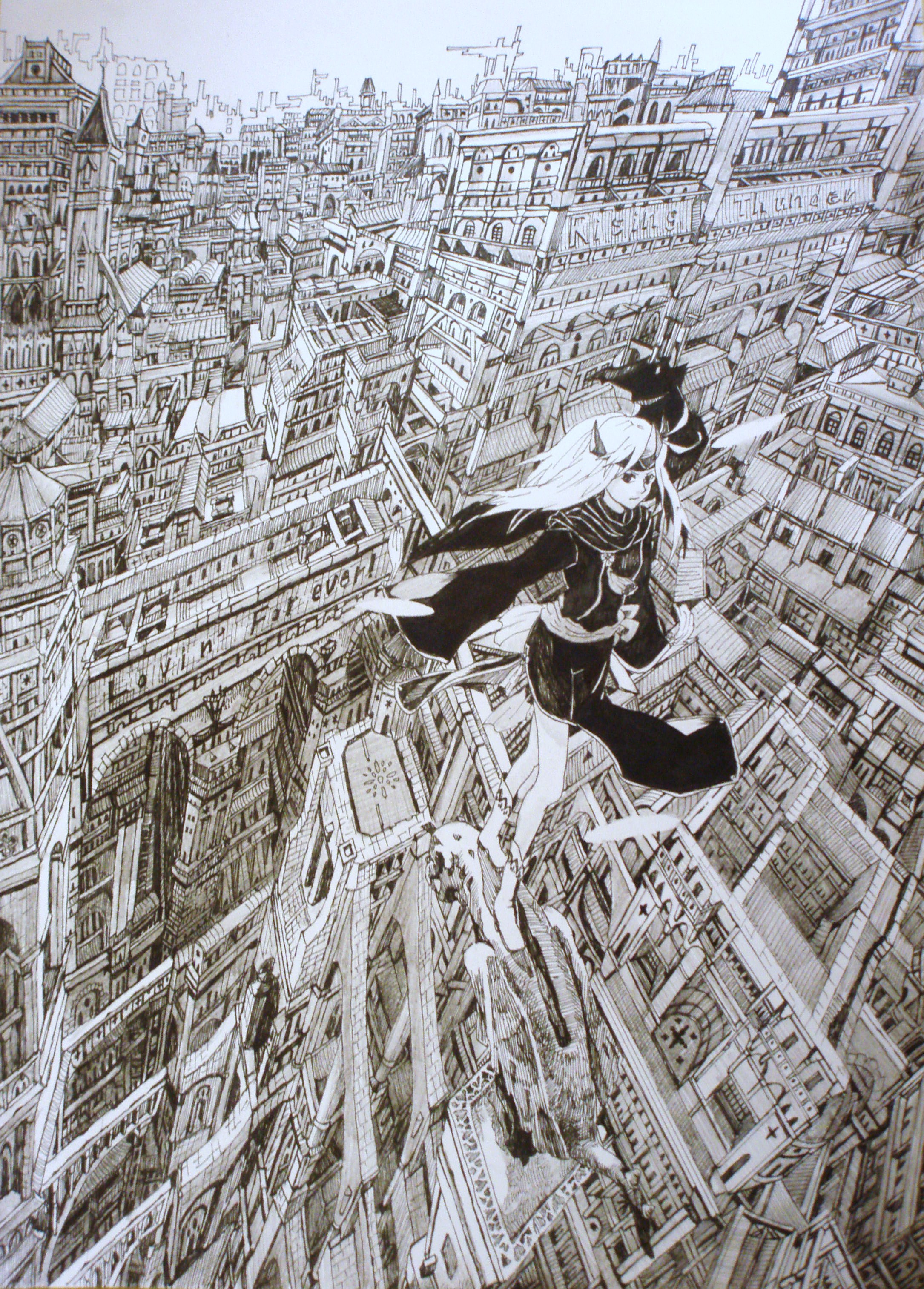 mita mitauzo, original, absurdres, bad id, bad pixiv id, highres, scan, scan artifacts, 1girl, absurdly detailed composition, architecture, blue background, blurry, brown theme, building, city, cityscape, complex exterior, crown, depth of field, female focus, from above, goth fashion, gothic architecture, greyscale, headband, long hair, looking at viewer, monochrome, outdoors, perspective, scenery, serious, solo, standing