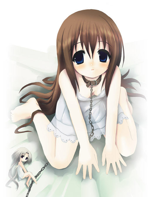shiro (octet), arietta fine, phorni, phorni (symphonic rain), tortinita fine, symphonic rain, silver hair, 2girls, blue eyes, brown hair, chain, collar, dress, flat chest, long hair, mini person, minigirl, multiple girls, sitting