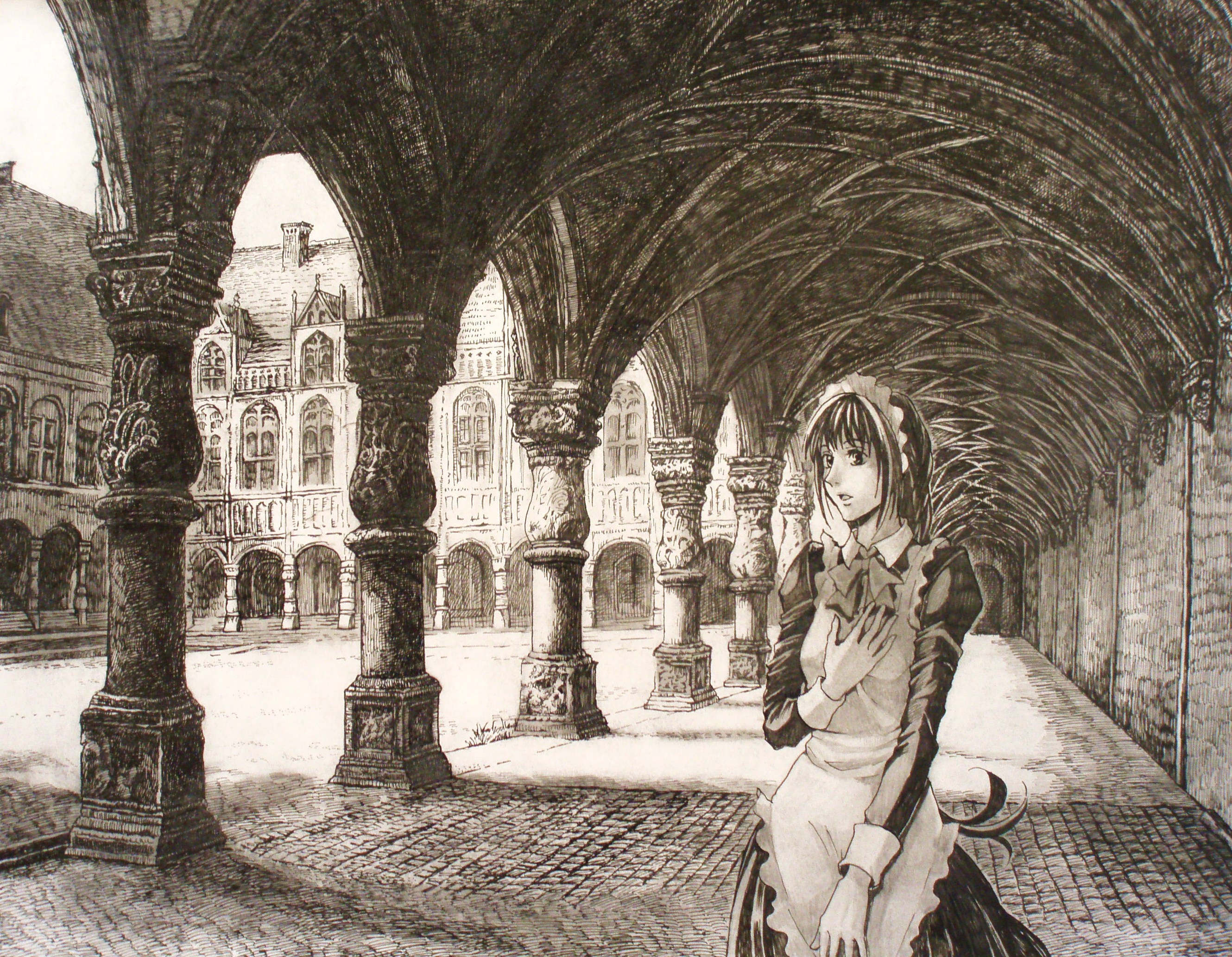 mita mitauzo, bad id, bad pixiv id, highres, 1girl, architecture, building, column, female focus, gothic architecture, maid, monochrome, pillar, sepia, solo