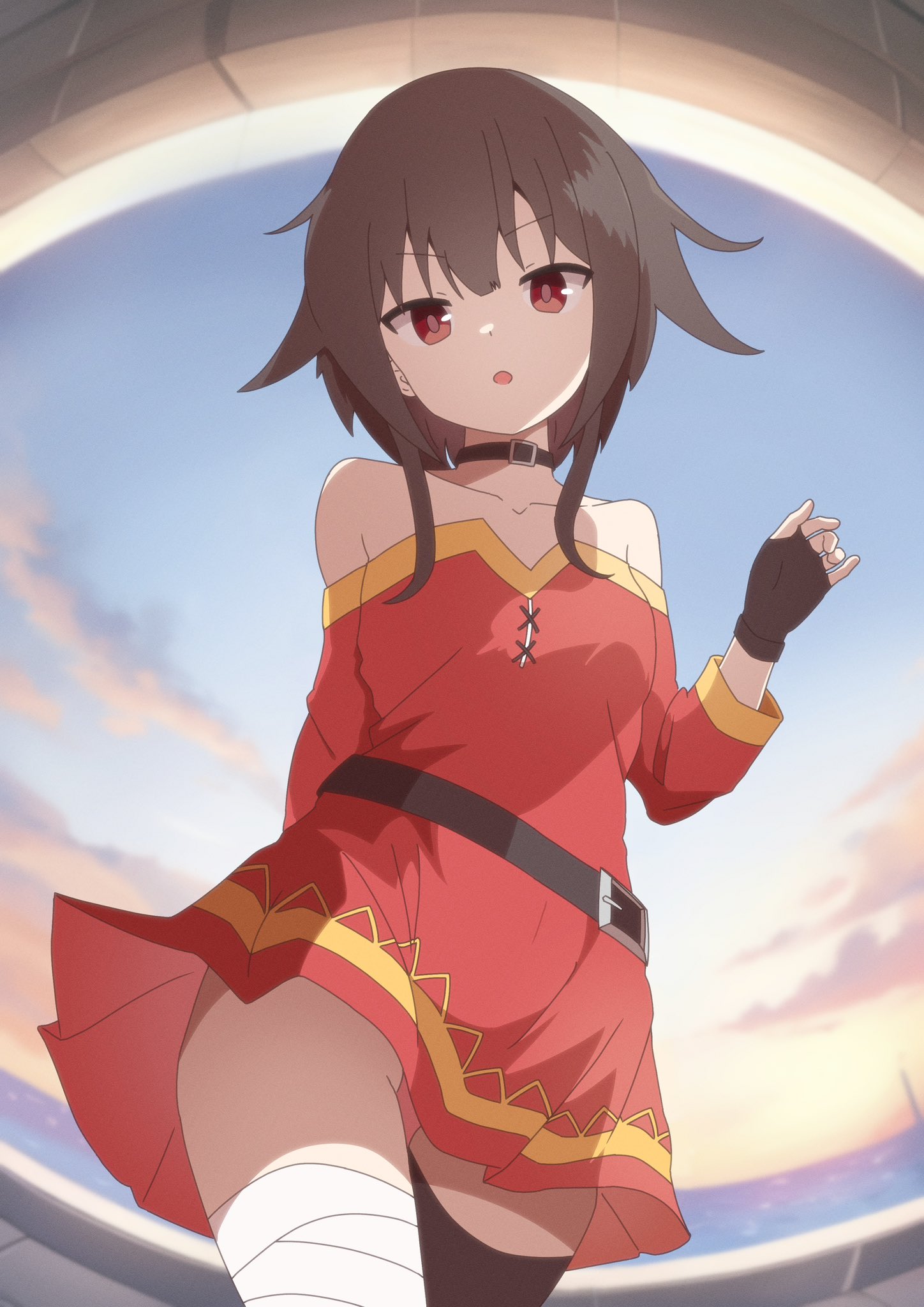 takabayashi4129, megumin, kono subarashii sekai ni shukufuku wo!, commentary, highres, 1girl, :o, arm behind back, bandaged leg, bandages, bare shoulders, black choker, black gloves, black thighhighs, blunt bangs, brown hair, choker, cowboy shot, day, dress, film grain, fingerless gloves, frown, gloves, gluteal fold, hand up, long sleeves, looking at viewer, no headwear, off-shoulder dress, off shoulder, open mouth, outdoors, red dress, red eyes, short hair with long locks, single thighhigh, sleeveless, sleeveless dress, solo, thigh gap, thighhighs, v-shaped eyebrows, zettai ryouiki
