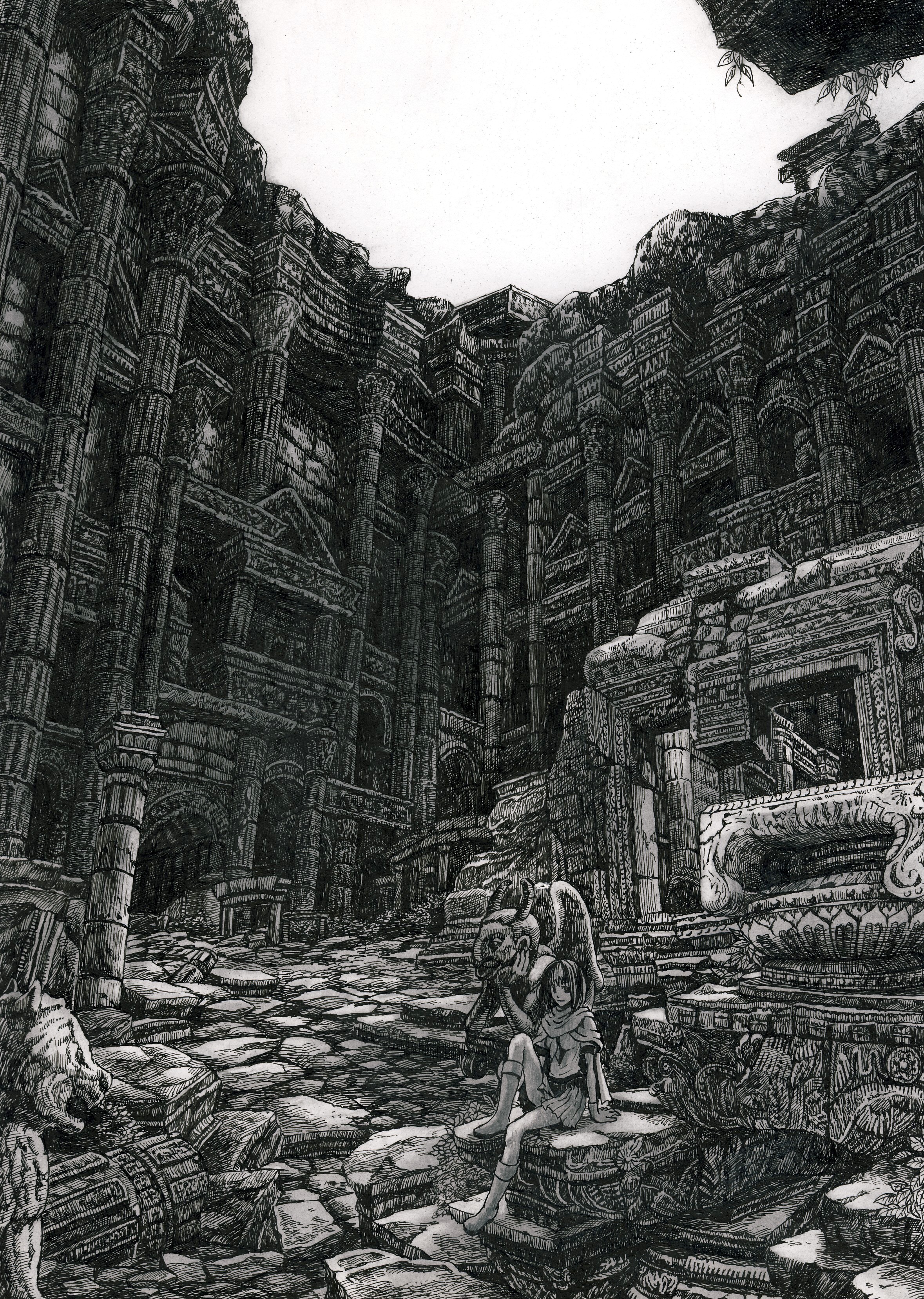 mita mitauzo, absurdres, bad id, bad pixiv id, highres, gargoyle, greyscale, monochrome, pillar, sitting