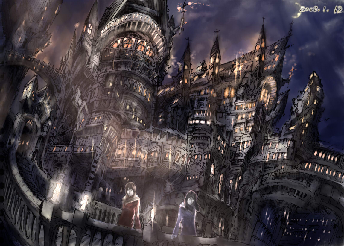 magu, maguon, 2girls, city, multiple girls, night, scenery, tower