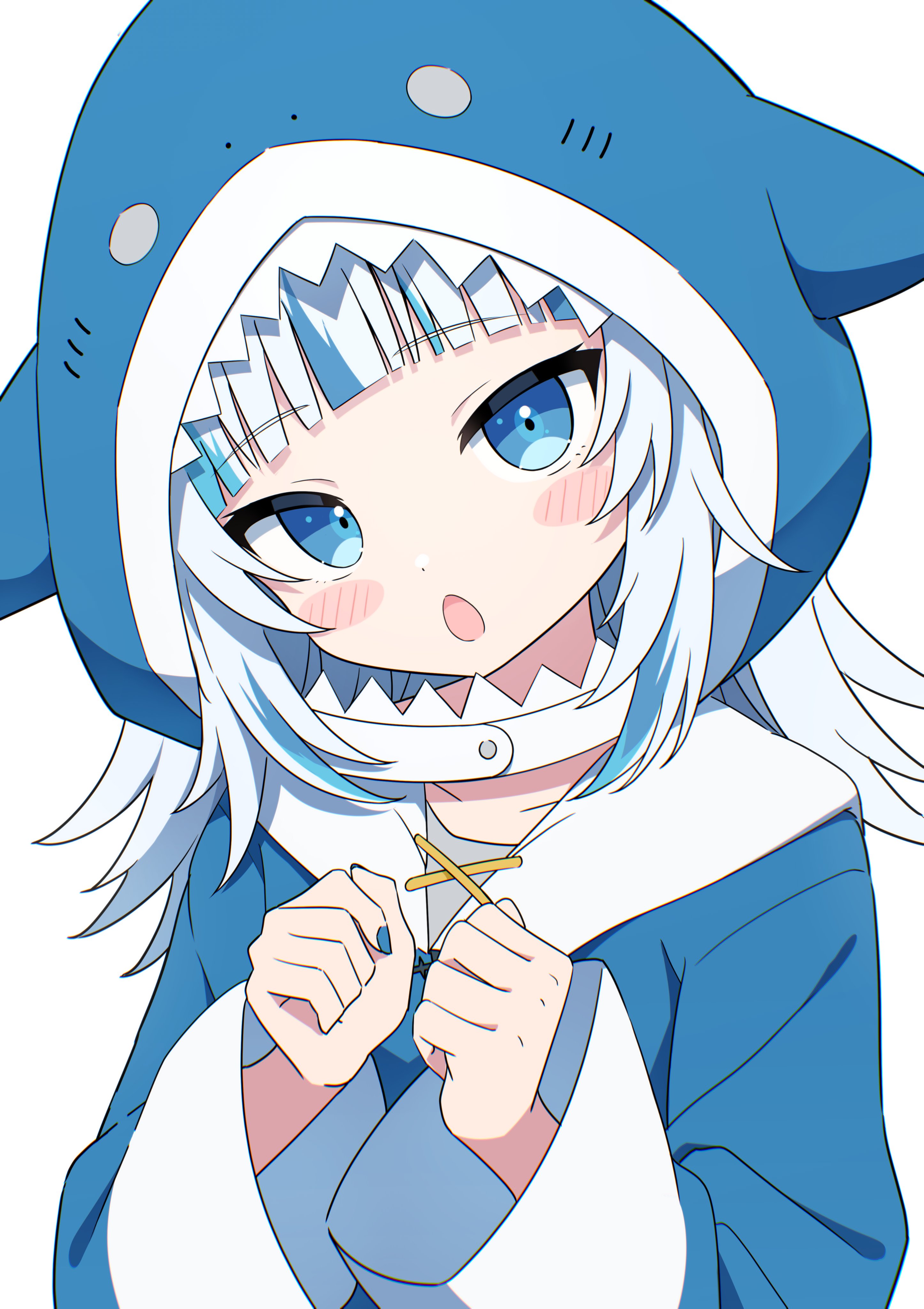 kaie, gawr gura, hololive, hololive english, absurdres, commentary request, highres, 1girl, :o, animal hood, blue eyes, blue hair, blue hoodie, blue nails, blunt bangs, blush, dot nose, hand up, hood, hood up, hoodie, long hair, long sleeves, multicolored hair, nail polish, open mouth, shark hood, simple background, solo, streaked hair, upper body, virtual youtuber, white background, white hair