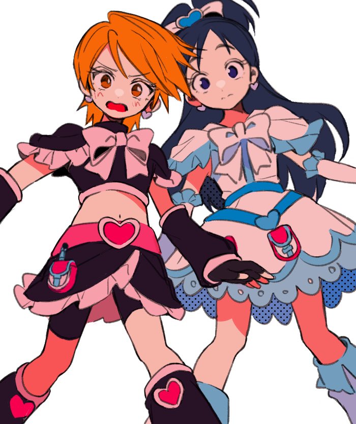 sanamaru (sana79261827), cure black, cure white, misumi nagisa, yukishiro honoka, futari wa precure, precure, commentary request, 2girls, bike shorts, black gloves, black shirt, black skirt, blue eyes, blue hair, blush, boots, bow, bowtie, closed mouth, crop top, cropped shirt, dress, earrings, feet out of frame, fingerless gloves, frilled skirt, frills, gloves, hair bow, heart, heart earrings, jewelry, long hair, looking at viewer, magical girl, midriff, multiple girls, navel, open mouth, orange eyes, orange hair, pink bow, pink bowtie, shirt, short sleeves, simple background, skirt, standing, white background, white boots, white bow, white bowtie, white dress, white gloves