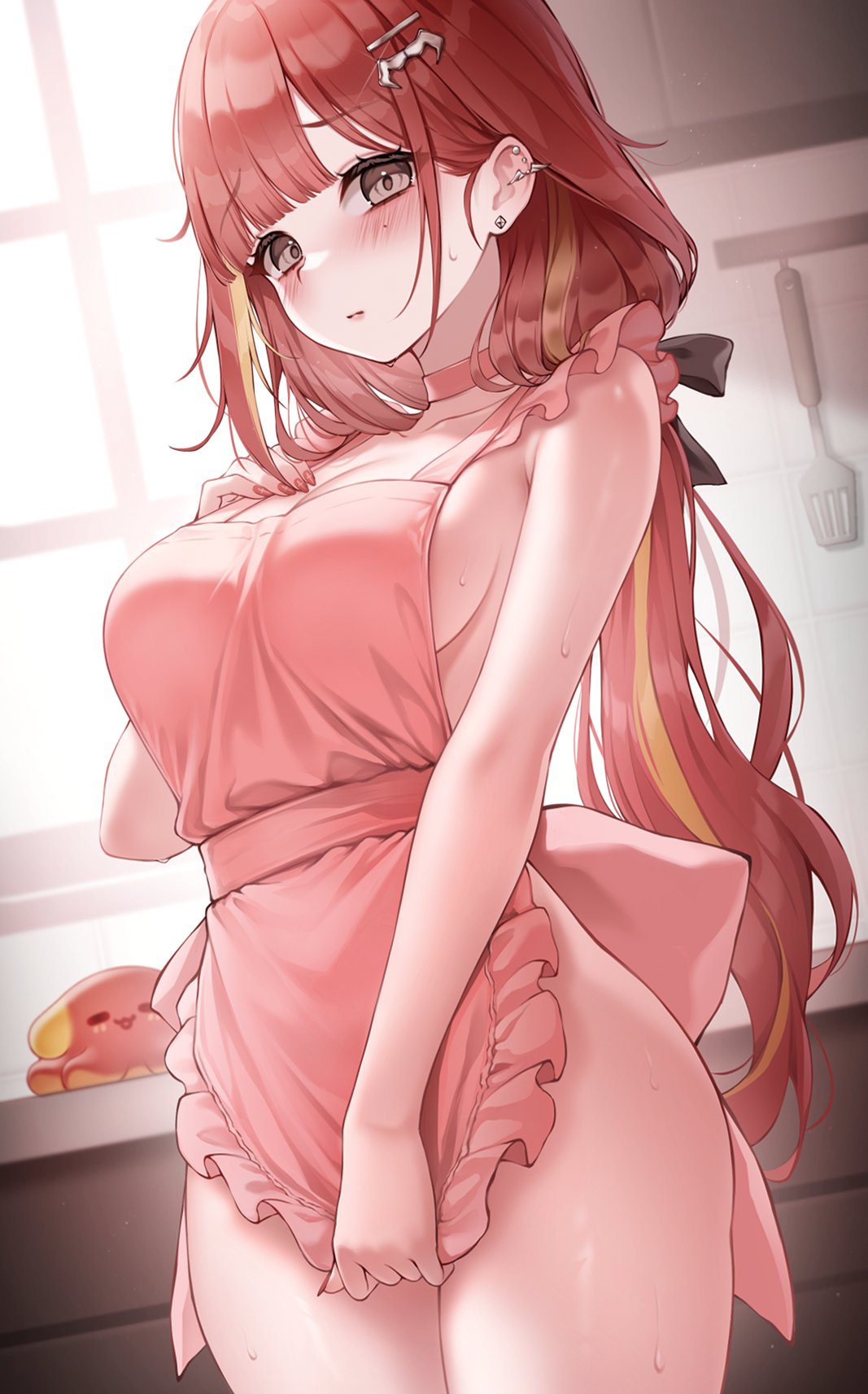 kuca (ku ca18), akane lize, stellive, hashtag-only commentary, highres, 1girl, apron, bare shoulders, blush, breasts, brown eyes, choker, closed mouth, cowboy shot, ear piercing, frilled apron, frills, hair ornament, hairclip, hand on own chest, large breasts, long hair, looking at viewer, low ponytail, mole, mole under eye, multicolored hair, nail polish, naked apron, pienna (akane lize), piercing, pink apron, pink choker, ponytail, red hair, solo, streaked hair, sweat, virtual youtuber