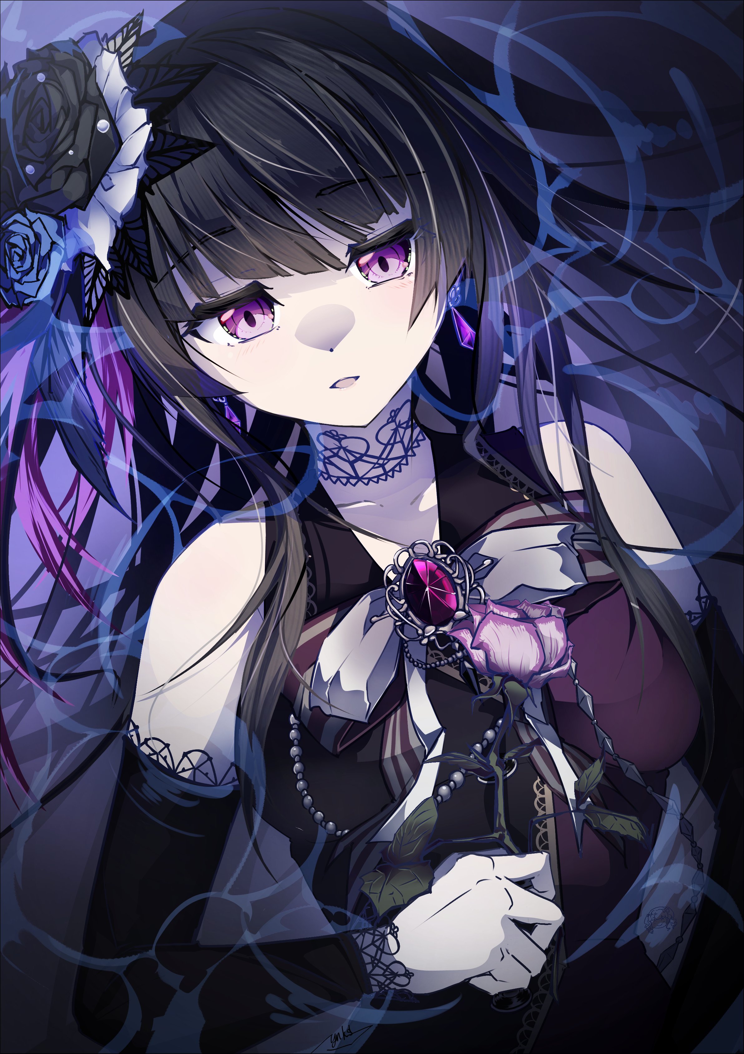 ryo yanakasa, shirokane rinko, bang dream!, absurdres, highres, 1girl, black dress, black gloves, black hair, bow, bowtie, breasts, dress, elbow gloves, flower, gem, gloves, large breasts, long hair, long sleeves, looking at viewer, official alternate costume, purple eyes, solo, standing, upper body