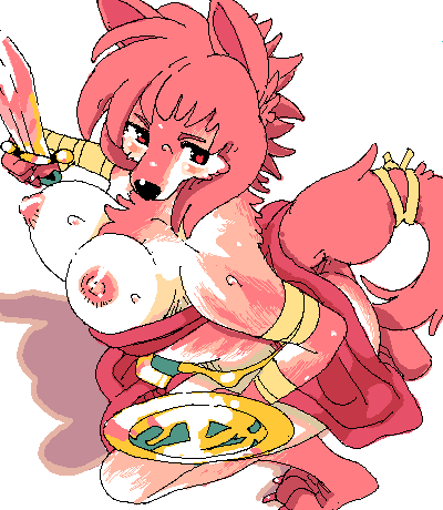 lowres, tagme, breasts, furry, pink hair, shield, sword, weapon, wolf
