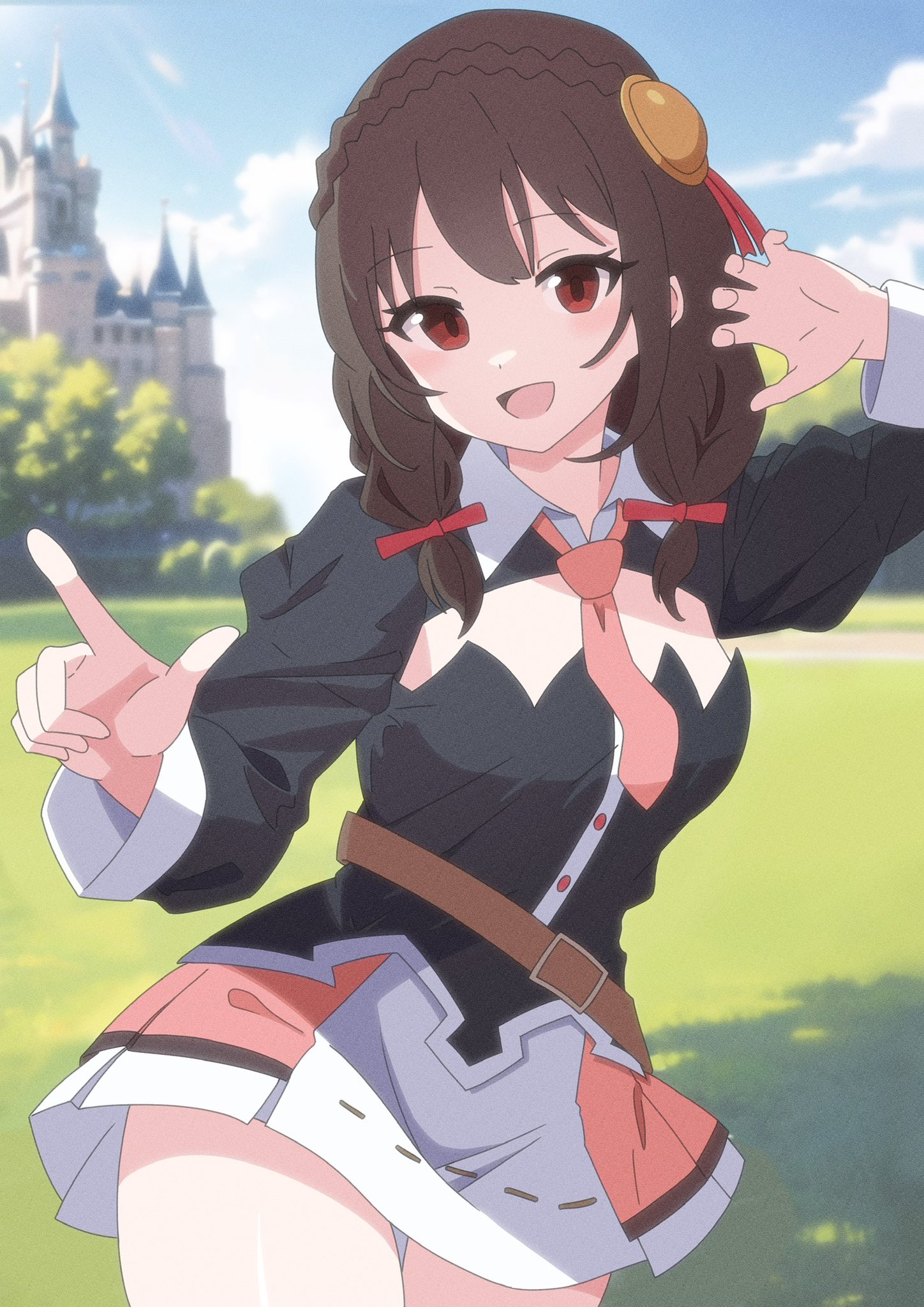 takabayashi4129, yunyun (konosuba), kono subarashii sekai ni shukufuku wo!, commentary, highres, 1girl, :d, belt, black shirt, blue sky, bow, braid, brown belt, brown hair, castle, claw pose, cloud, cowboy shot, crown braid, day, film grain, hair between eyes, hair bow, hands up, happy, index finger raised, juliet sleeves, light blush, long sleeves, looking at viewer, medium hair, miniskirt, necktie, open mouth, outdoors, pink necktie, puffy sleeves, red bow, red eyes, shirt, sidelocks, skirt, sky, smile, solo, thigh gap, white skirt