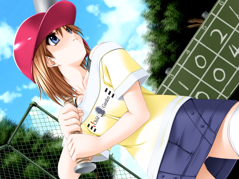 senomoto hisashi, seto konatsu, tutorial summer, stance, game cg, non-web source, 1girl, baseball, baseball bat, baseball helmet, blue eyes, brown hair, dutch angle, female focus, from below, helmet, panties, pantyshot, short hair, solo, thighhighs, underwear, upskirt