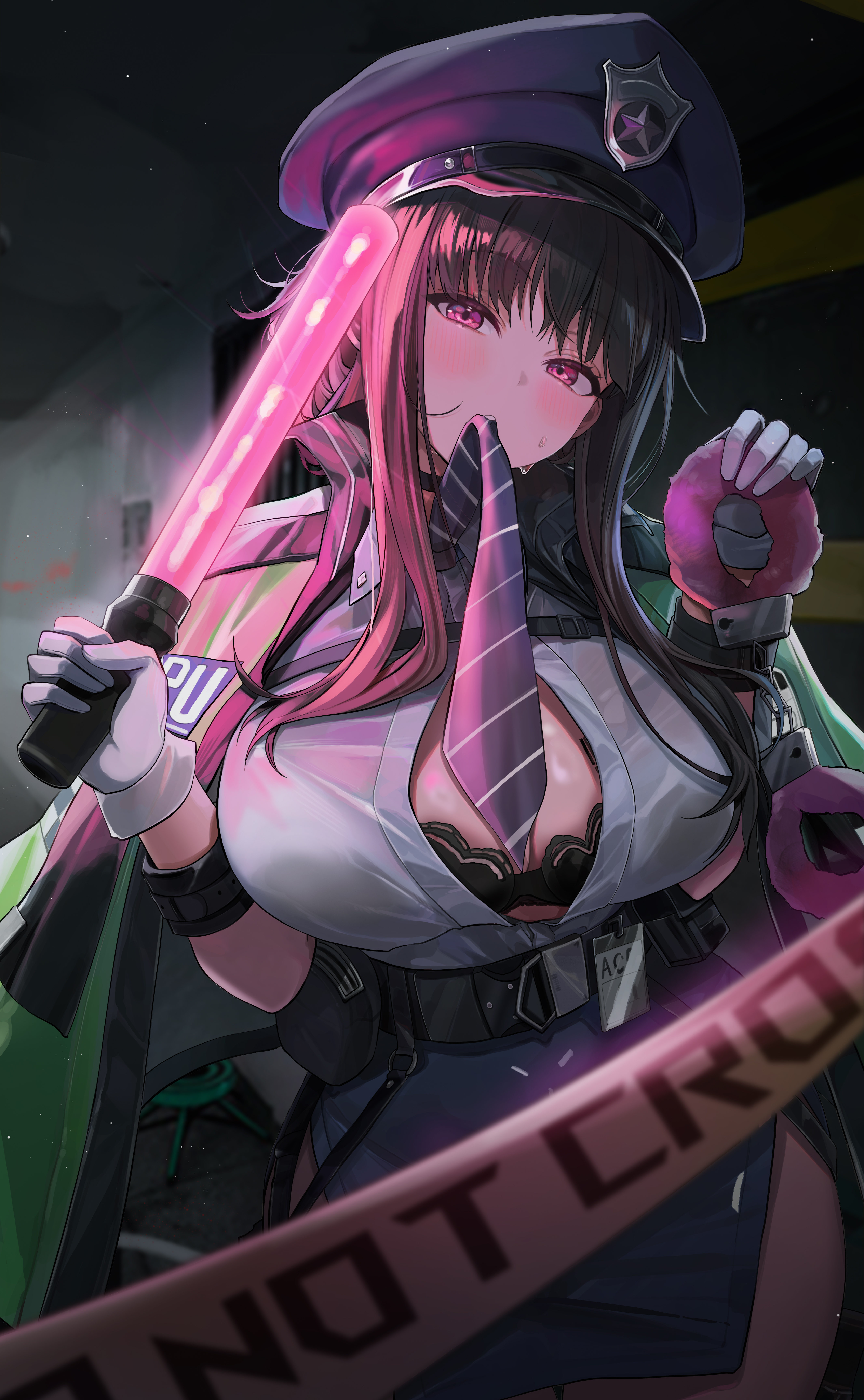 blance, d (killer wife) (nikke), d (killer wife) (secret police) (nikke), d (nikke), goddess of victory: nikke, absurdres, commentary, highres, 1girl, black hair, blue hat, blue skirt, blush, bra, bra peek, breasts, caution tape, gloves, hat, holding baton, holding lightstick, large breasts, long hair, looking at viewer, miniskirt, mouth hold, official alternate costume, police, police hat, police uniform, policewoman, red eyes, shirt, skirt, solo, sweat, traffic baton, underwear, white gloves, white shirt