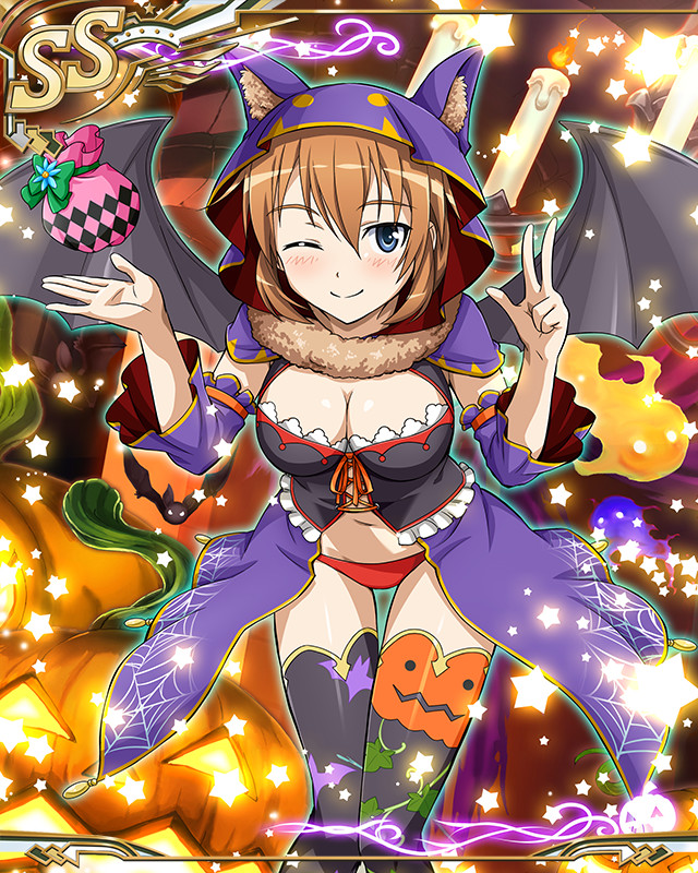 charlotte e. yeager, strike witches, world witches series, artist request, official art, 1girl, blue eyes, blush, breasts, candle, feet out of frame, halloween, halloween costume, large breasts, long hair, one eye closed, orange hair, panties, red panties, smile, solo, standing, thighhighs, underwear
