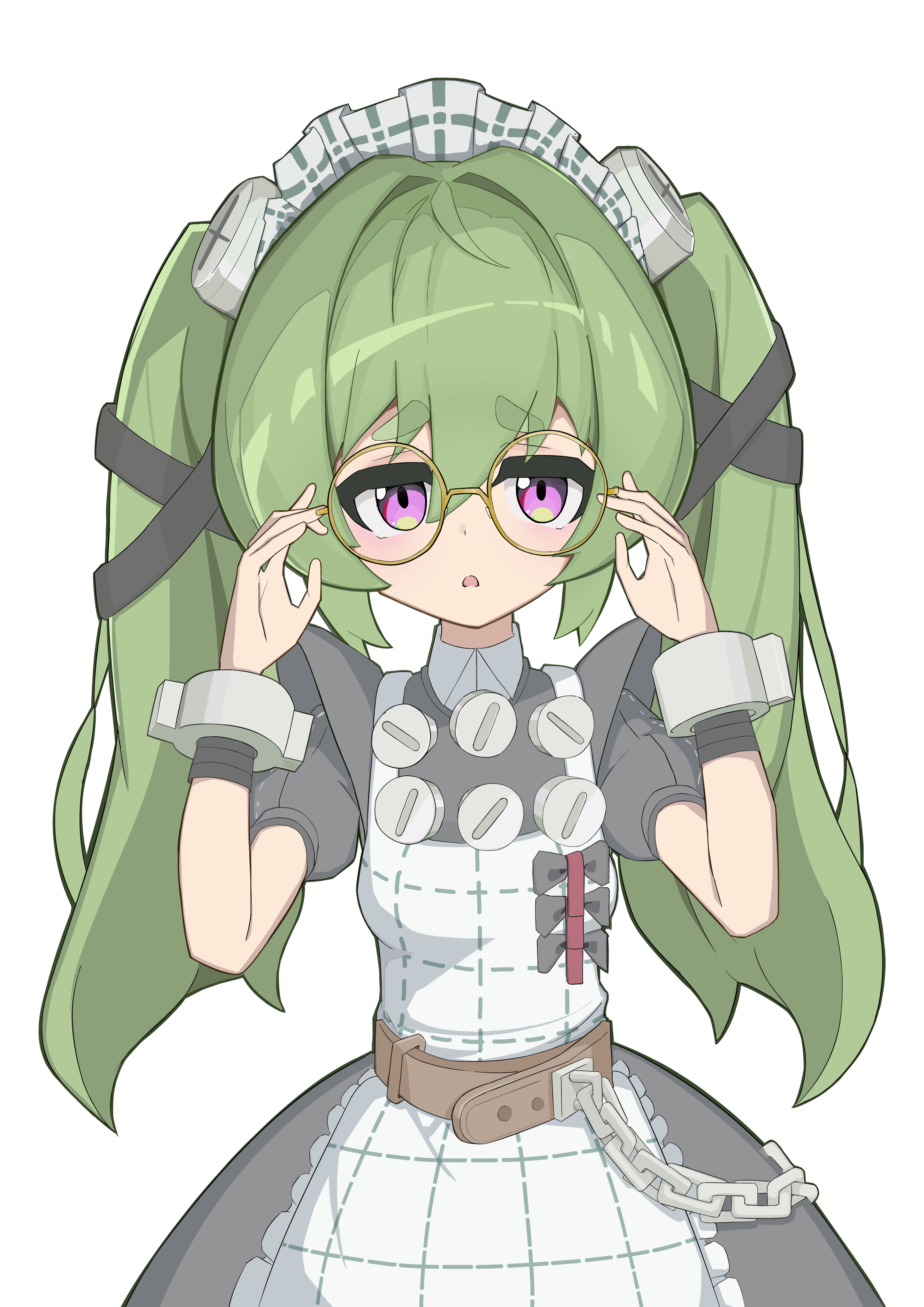 corin wickes, zenless zone zero, absurdres, commentary request, highres, 1girl, adjusting eyewear, apron, belt, bespectacled, black dress, breasts, chain, dress, glasses, green hair, hair between eyes, holding, long hair, looking at viewer, maid, maid headdress, open mouth, puffy short sleeves, puffy sleeves, purple eyes, purupuruck, round eyewear, screw hair ornament, short sleeves, simple background, small breasts, solo, twintails, white apron, white background, yellow-framed eyewear